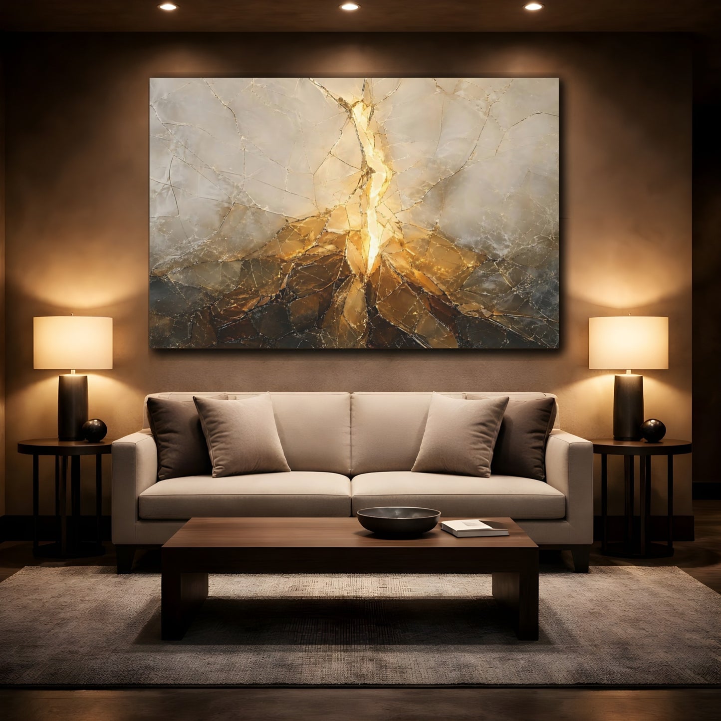 Mockup 2. Abstract Fractured Light Gold And Gray shown as stretched canvas wall art