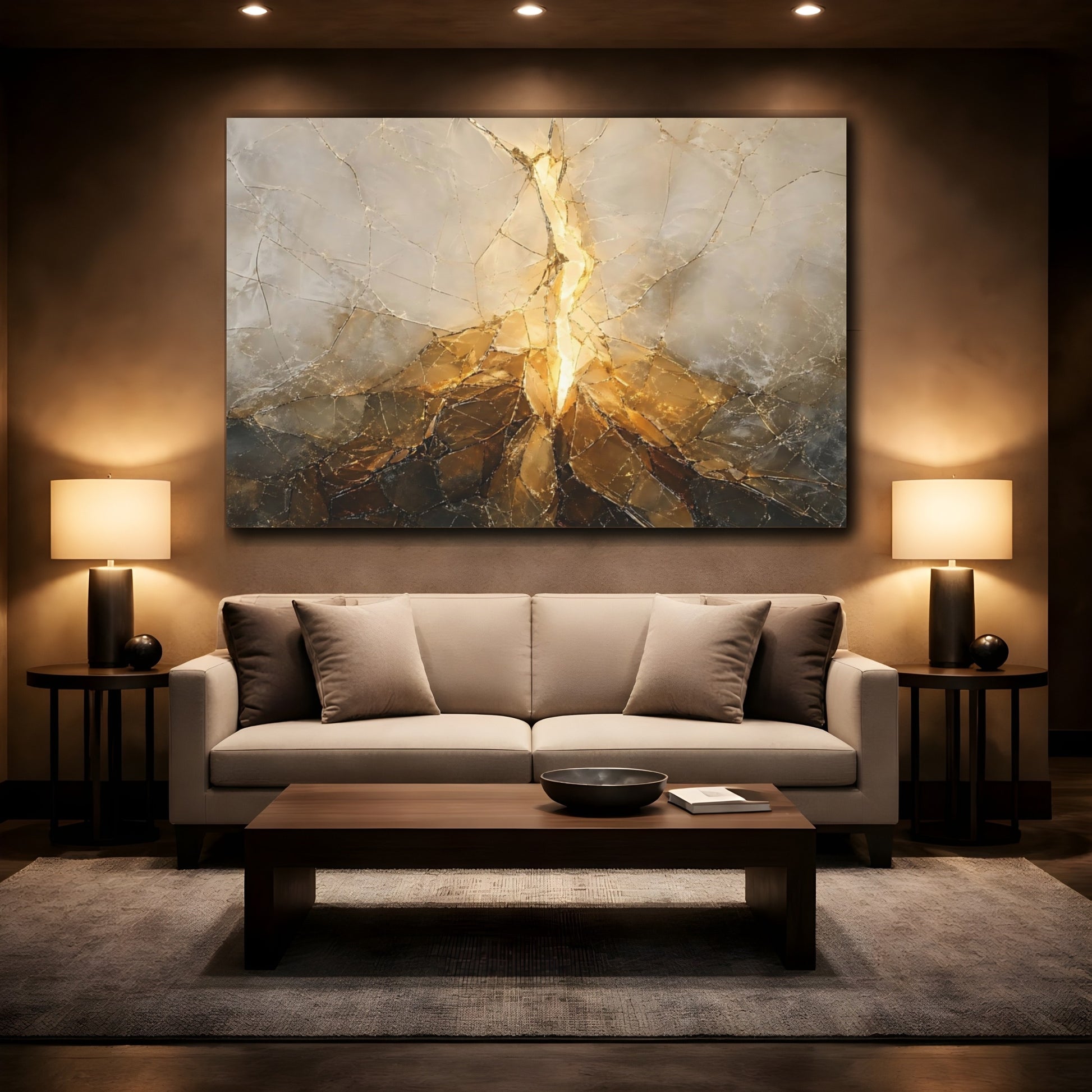 Mockup 2. Abstract Fractured Light Gold And Gray shown as stretched canvas wall art