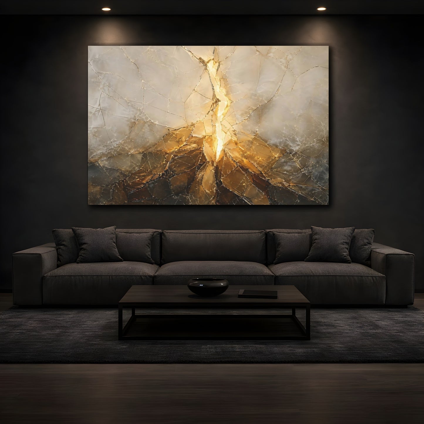 Mockup 3. Abstract Fractured Light Gold And Gray shown as stretched canvas wall art