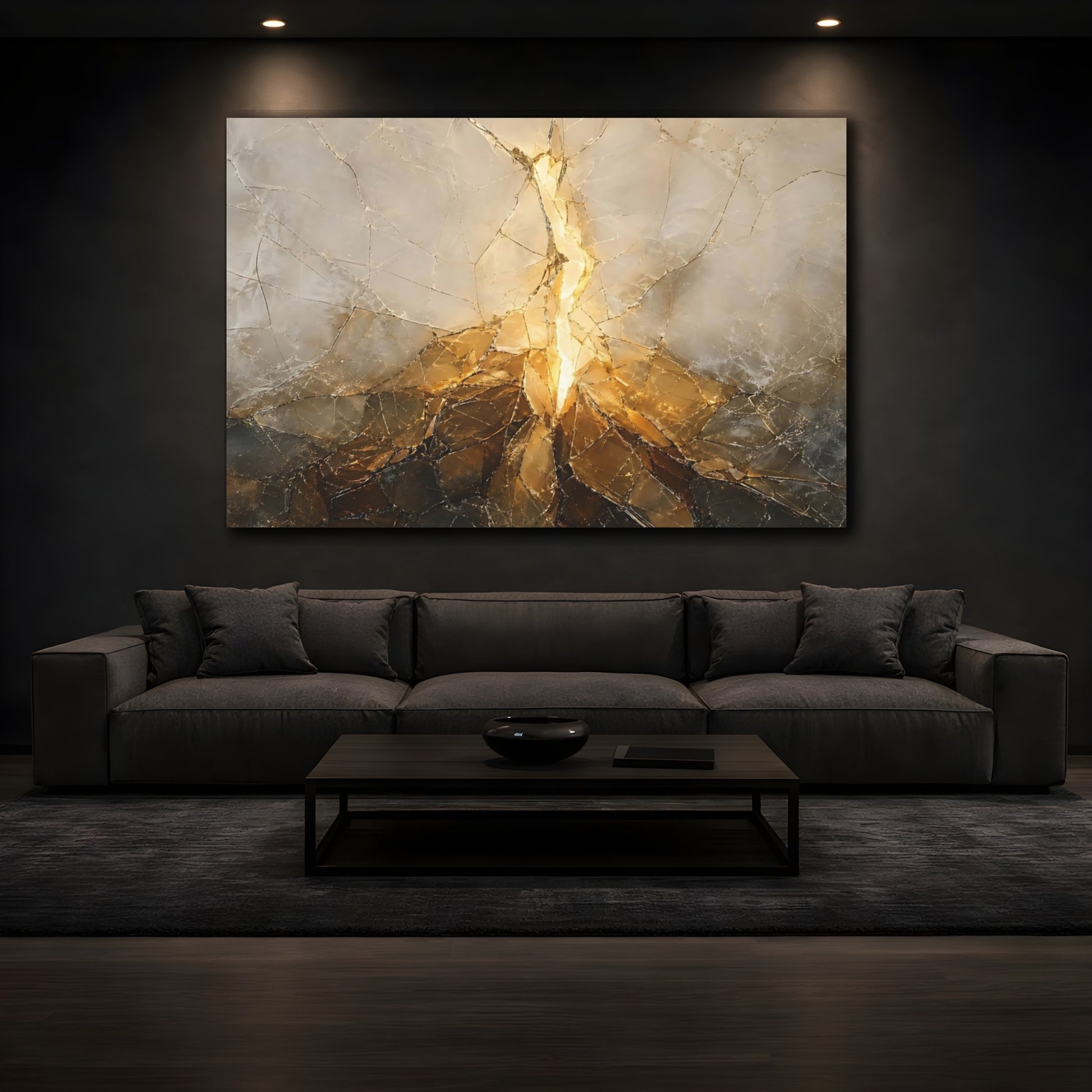 Mockup 3. Abstract Fractured Light Gold And Gray shown as stretched canvas wall art