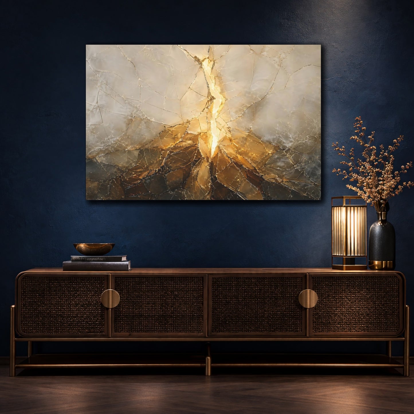 Mockup 4. Abstract Fractured Light Gold And Gray shown as stretched canvas wall art