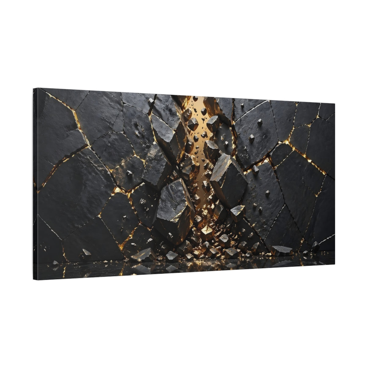 Main Mockup. Abstract Fractured Rock Black And Gold shown as stretched canvas wall art
