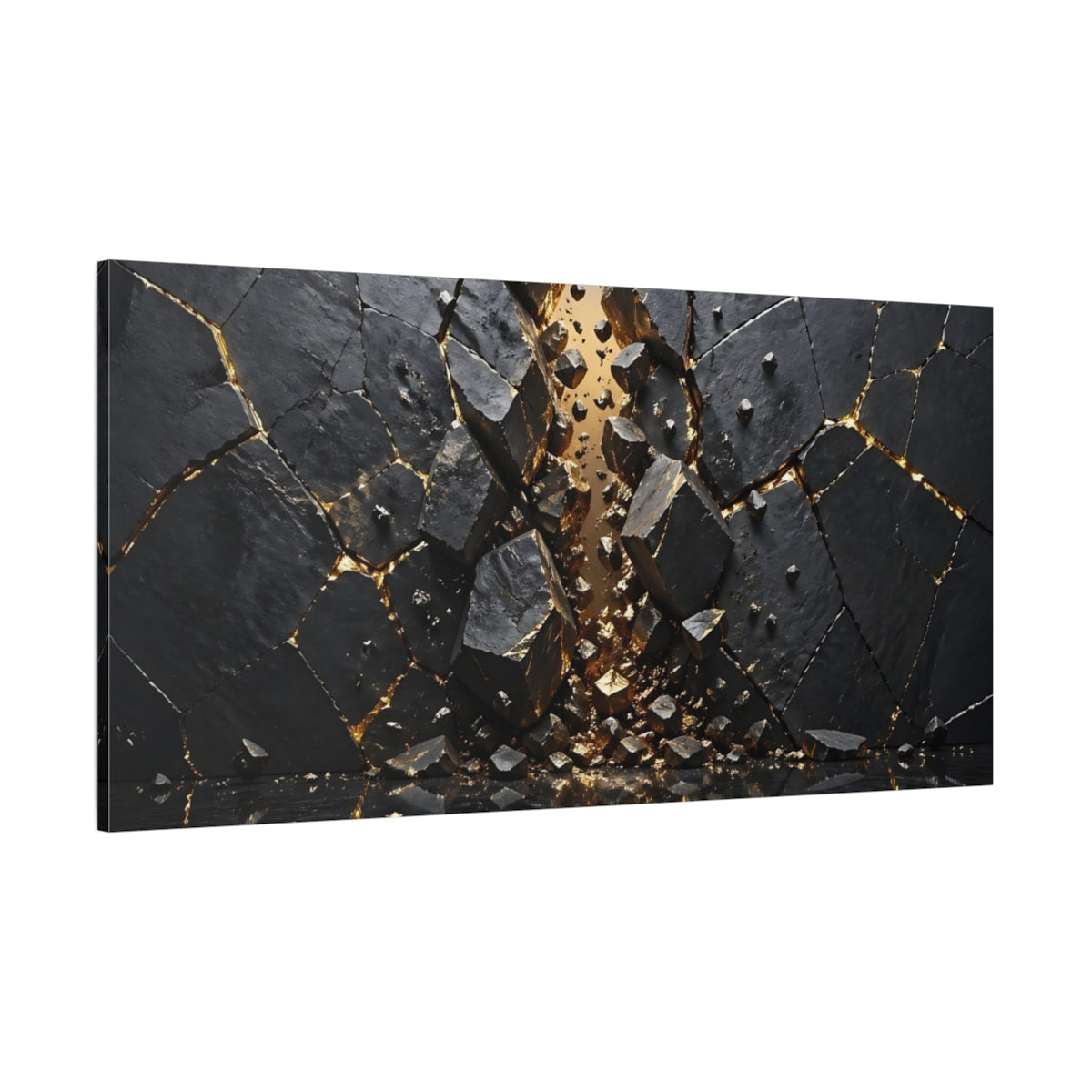 Side Mockup 2. Abstract Fractured Rock Black And Gold shown as stretched canvas wall art