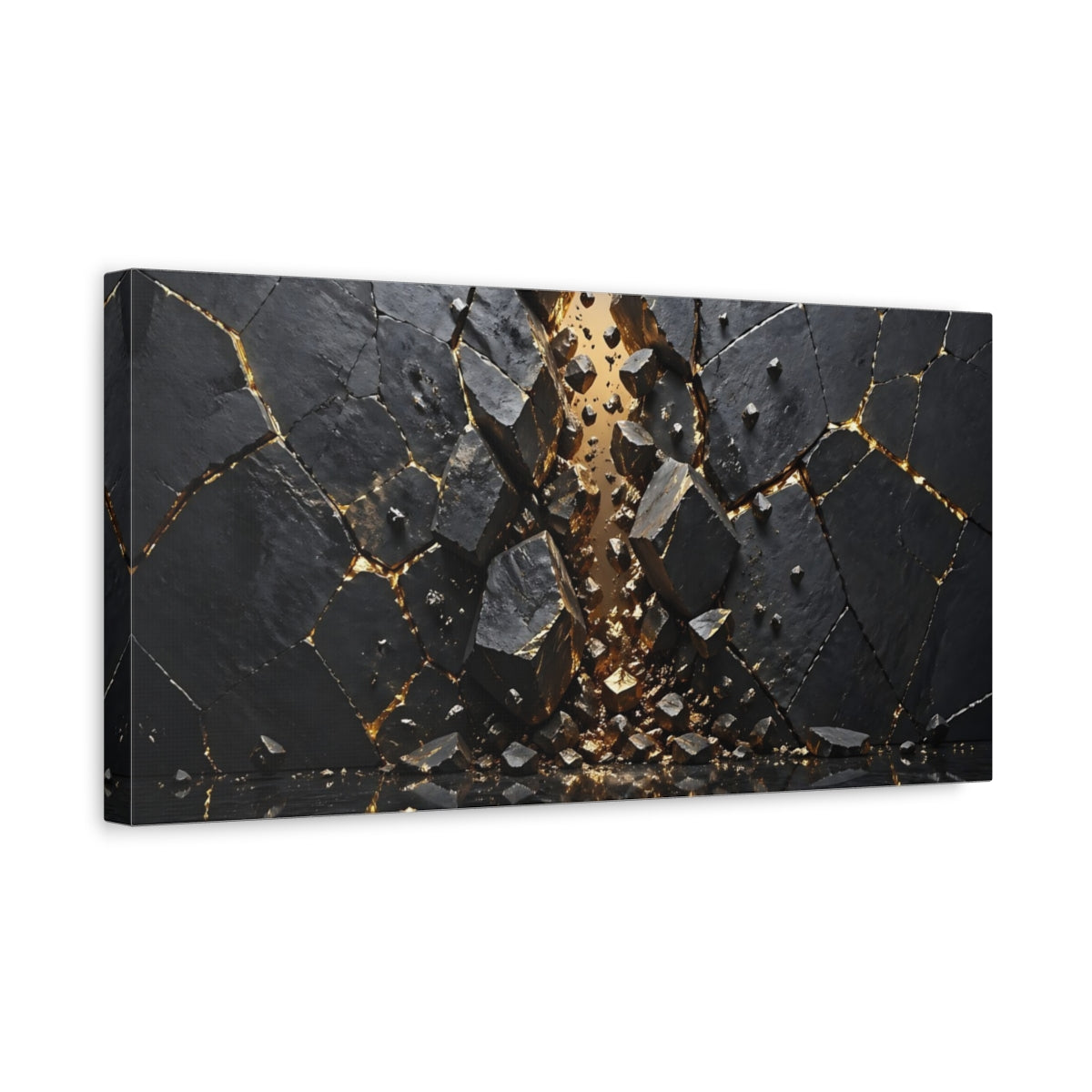 Side Mockup 3. Abstract Fractured Rock Black And Gold shown as stretched canvas wall art