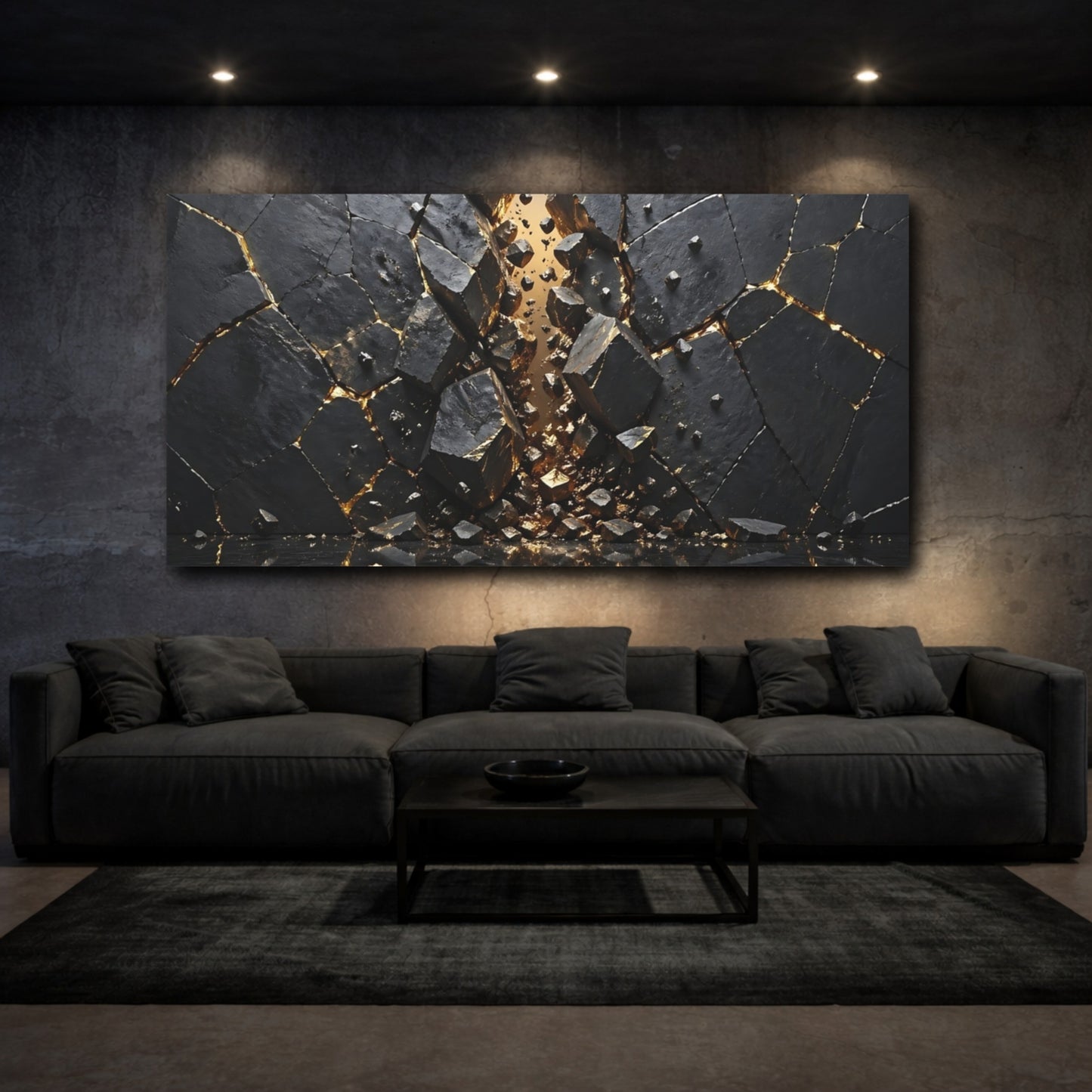 Mockup 2. Abstract Fractured Rock Black And Gold shown as stretched canvas wall art