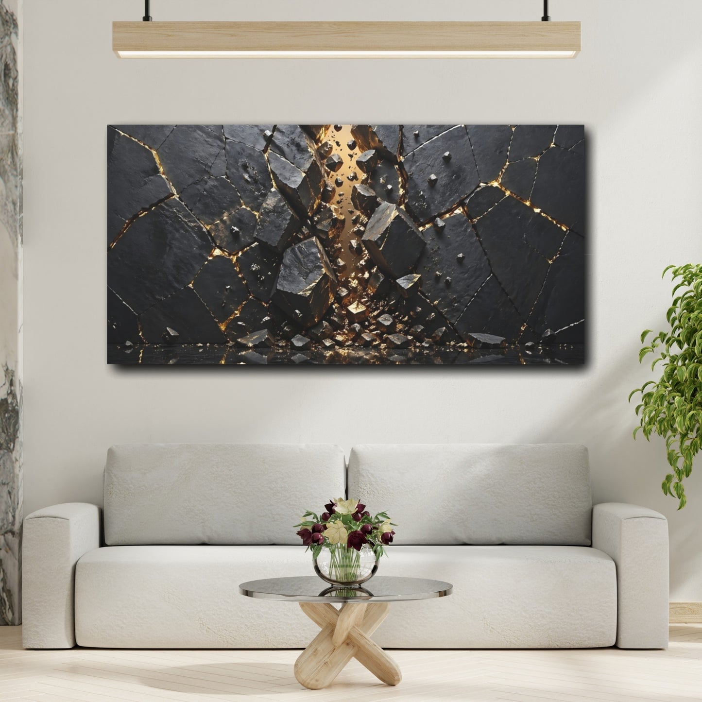 Mockup 3. Abstract Fractured Rock Black And Gold shown as stretched canvas wall art