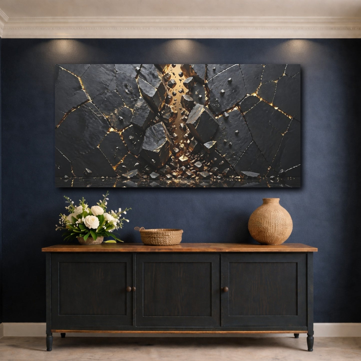 Mockup 4. Abstract Fractured Rock Black And Gold shown as stretched canvas wall art