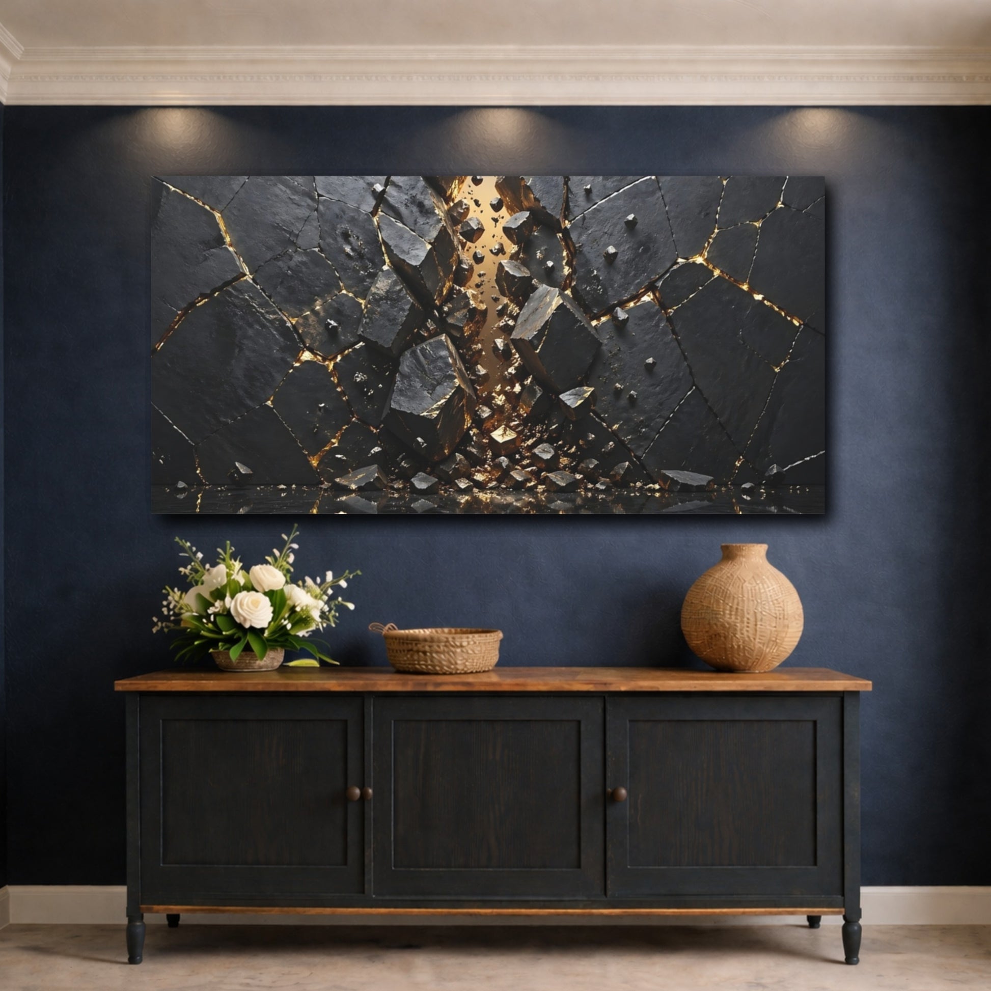 Mockup 4. Abstract Fractured Rock Black And Gold shown as stretched canvas wall art