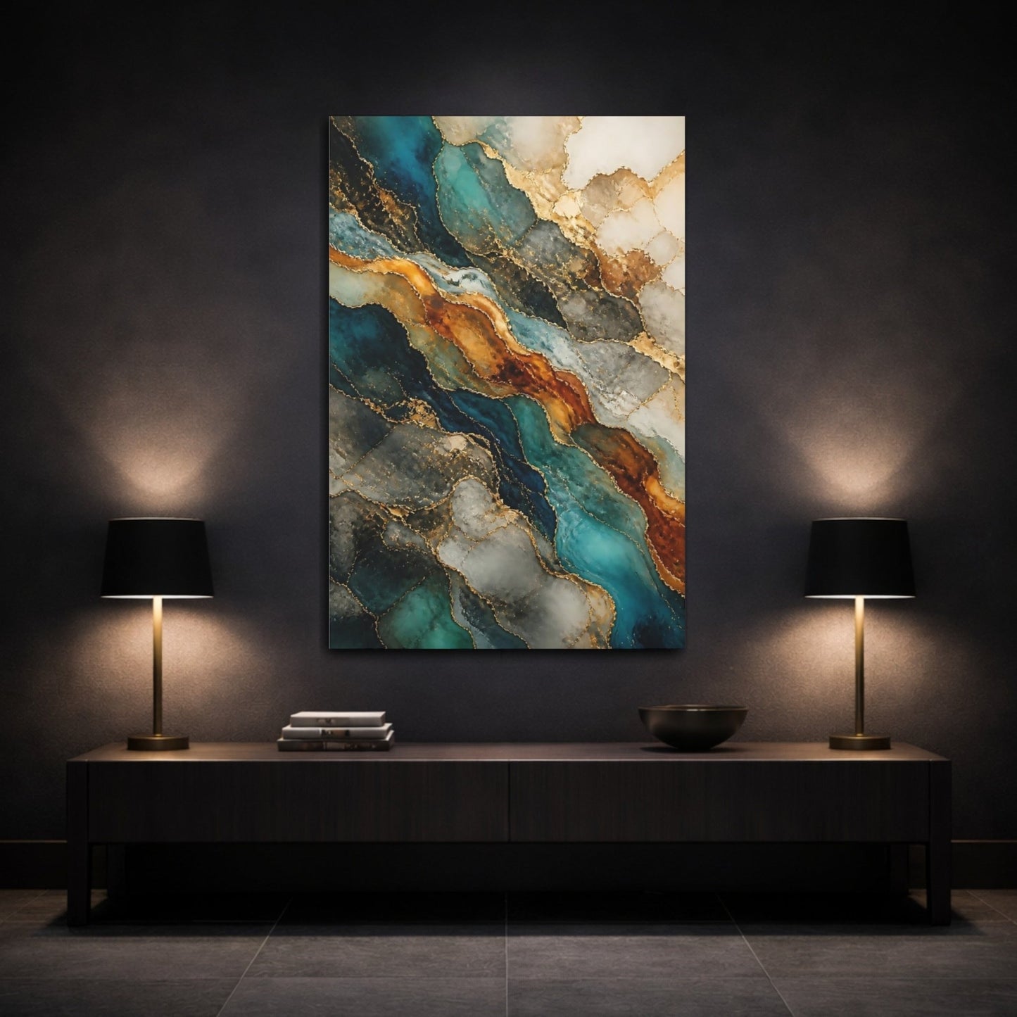 Abstract Geode Pattern Teal And Gold Canvas Print – Modern Decor for Living Room, Large Wall - YesArtYes