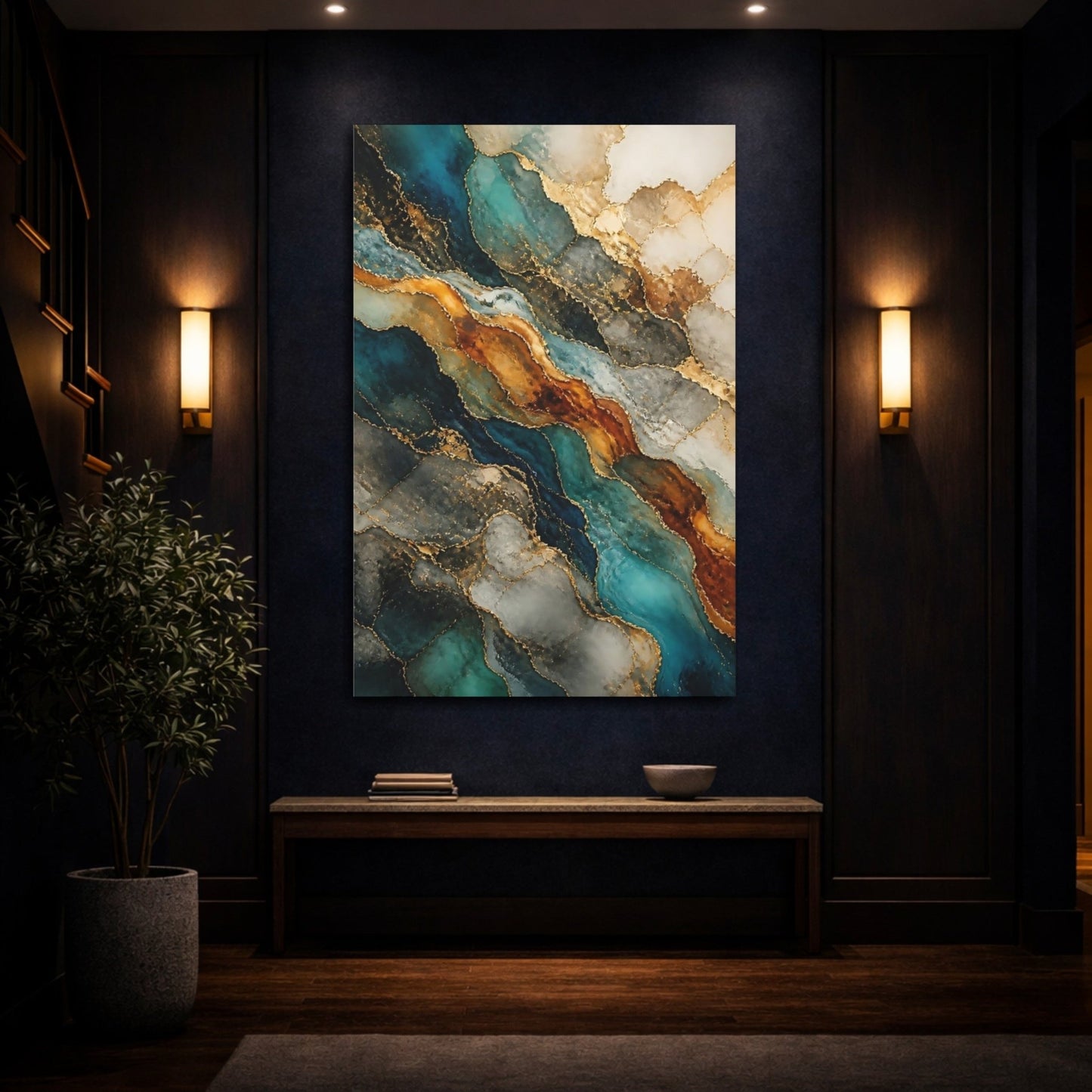 Abstract Geode Pattern Teal And Gold Canvas Print – Modern Decor for Living Room, Large Wall - YesArtYes
