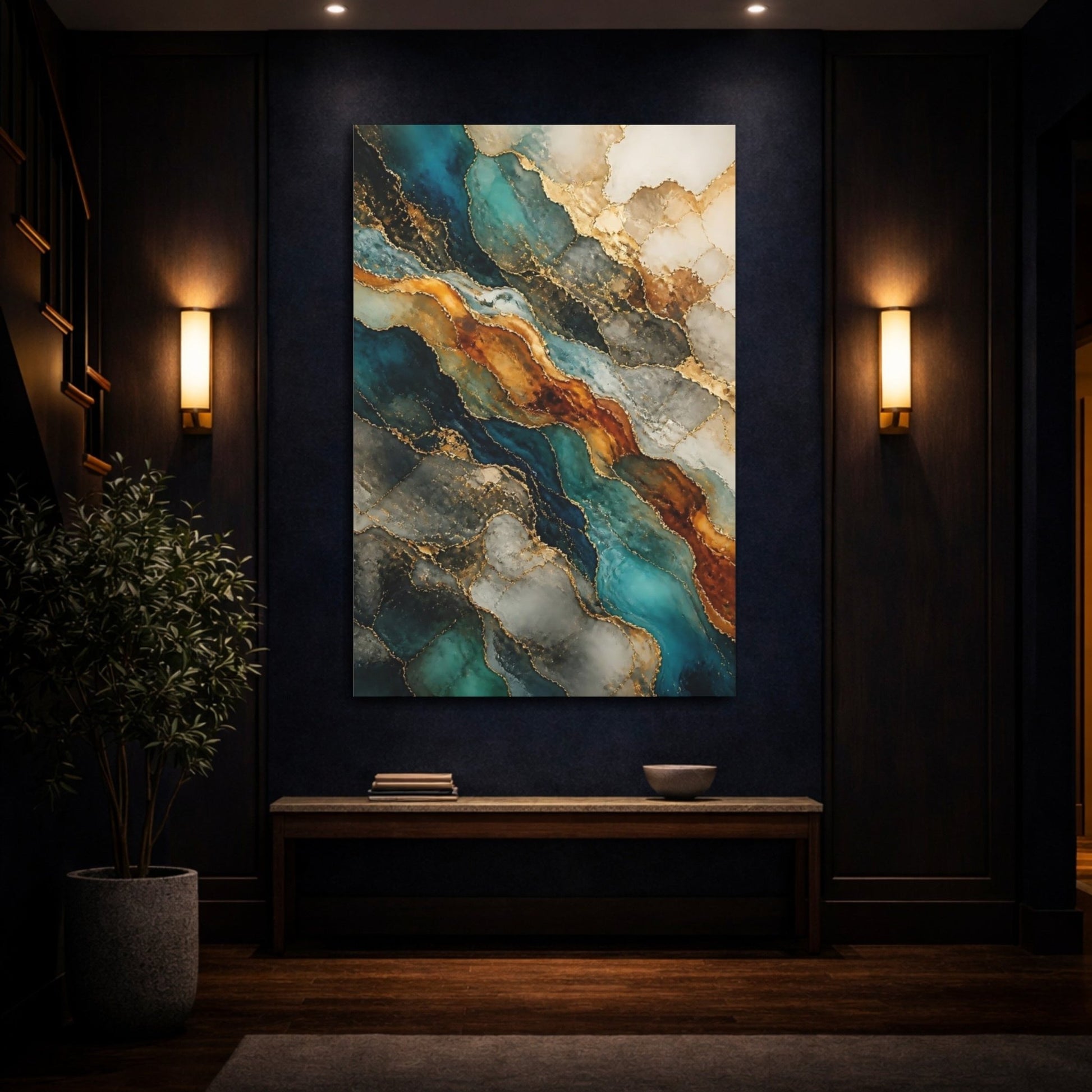 Abstract Geode Pattern Teal And Gold Canvas Print – Modern Decor for Living Room, Large Wall - YesArtYes