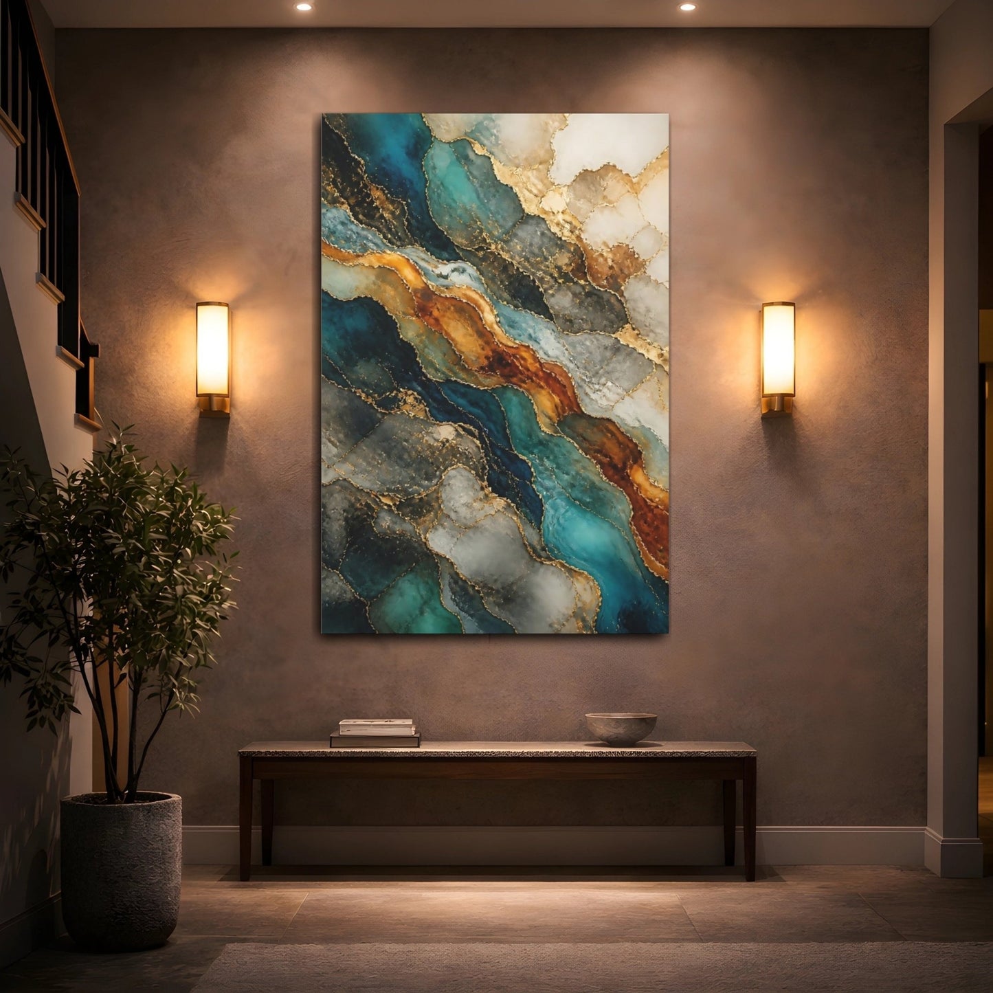 Abstract Geode Pattern Teal And Gold Canvas Print – Modern Decor for Living Room, Large Wall - YesArtYes