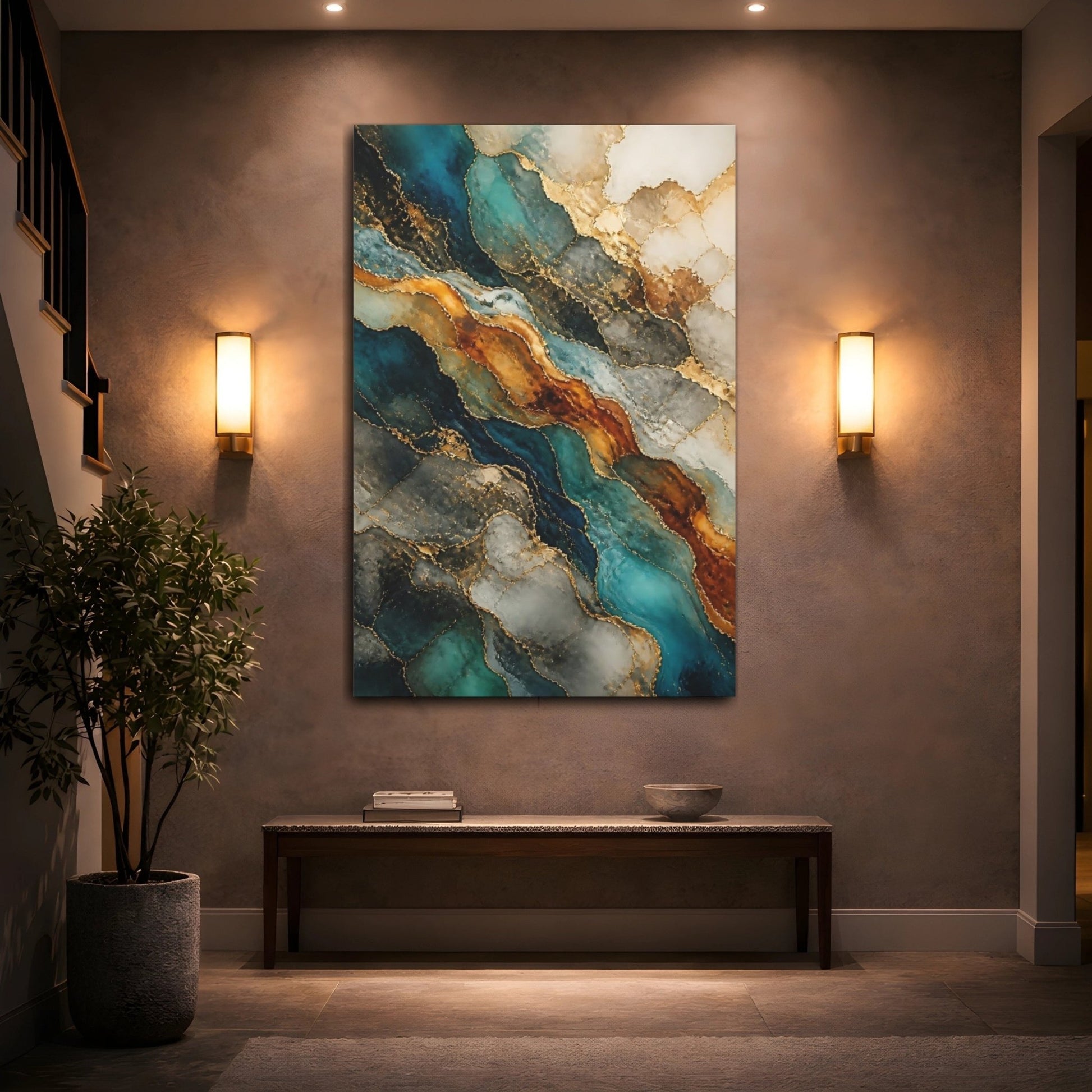 Abstract Geode Pattern Teal And Gold Canvas Print – Modern Decor for Living Room, Large Wall - YesArtYes
