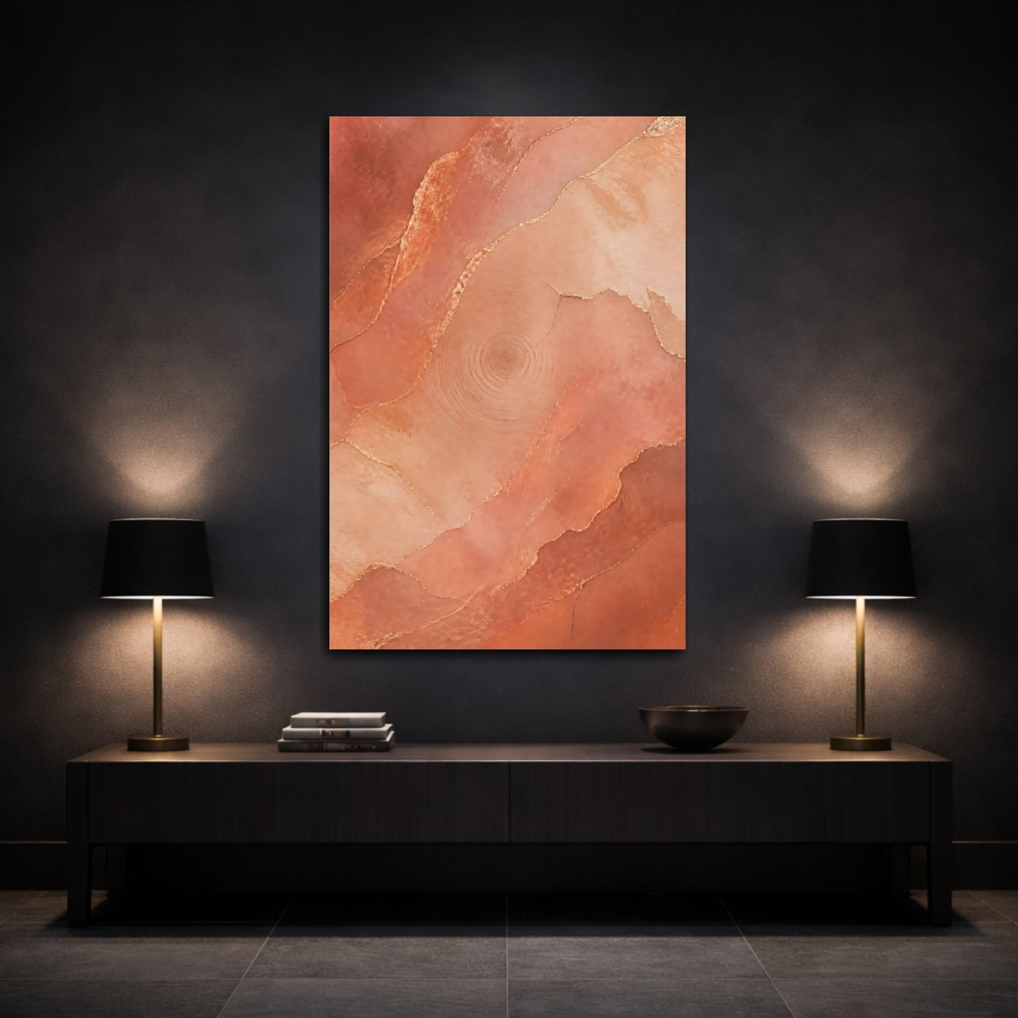 Mockup 3. Abstract Geode Pattern Terracotta Gold shown as stretched canvas wall art