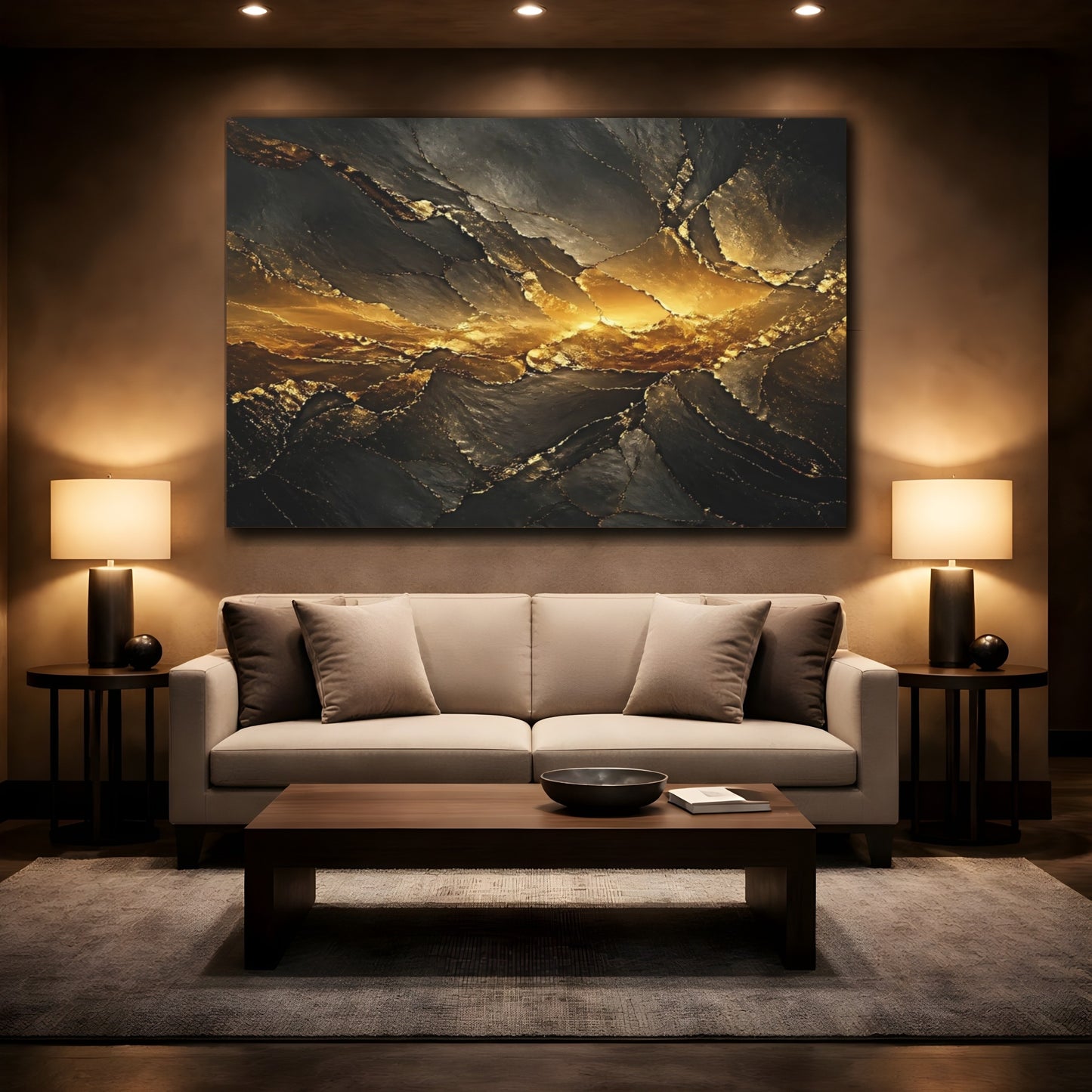 Mockup 2. Abstract Geode Texture Gold And Black shown as stretched canvas wall art