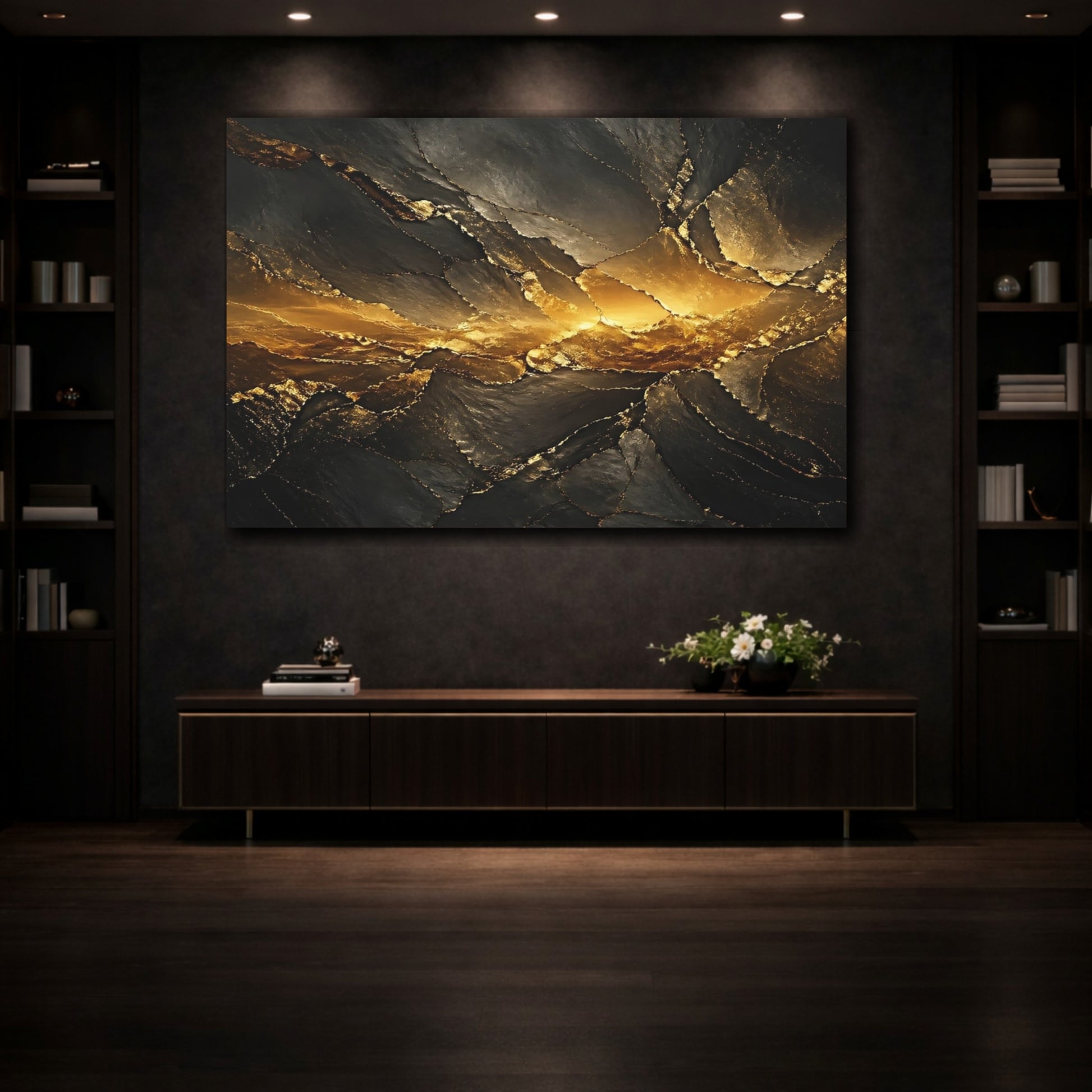 Mockup 3. Abstract Geode Texture Gold And Black shown as stretched canvas wall art