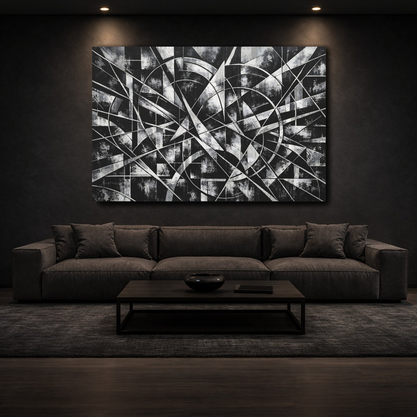 Mockup 2. Abstract Geometric Abstract Black And White shown as stretched canvas wall art