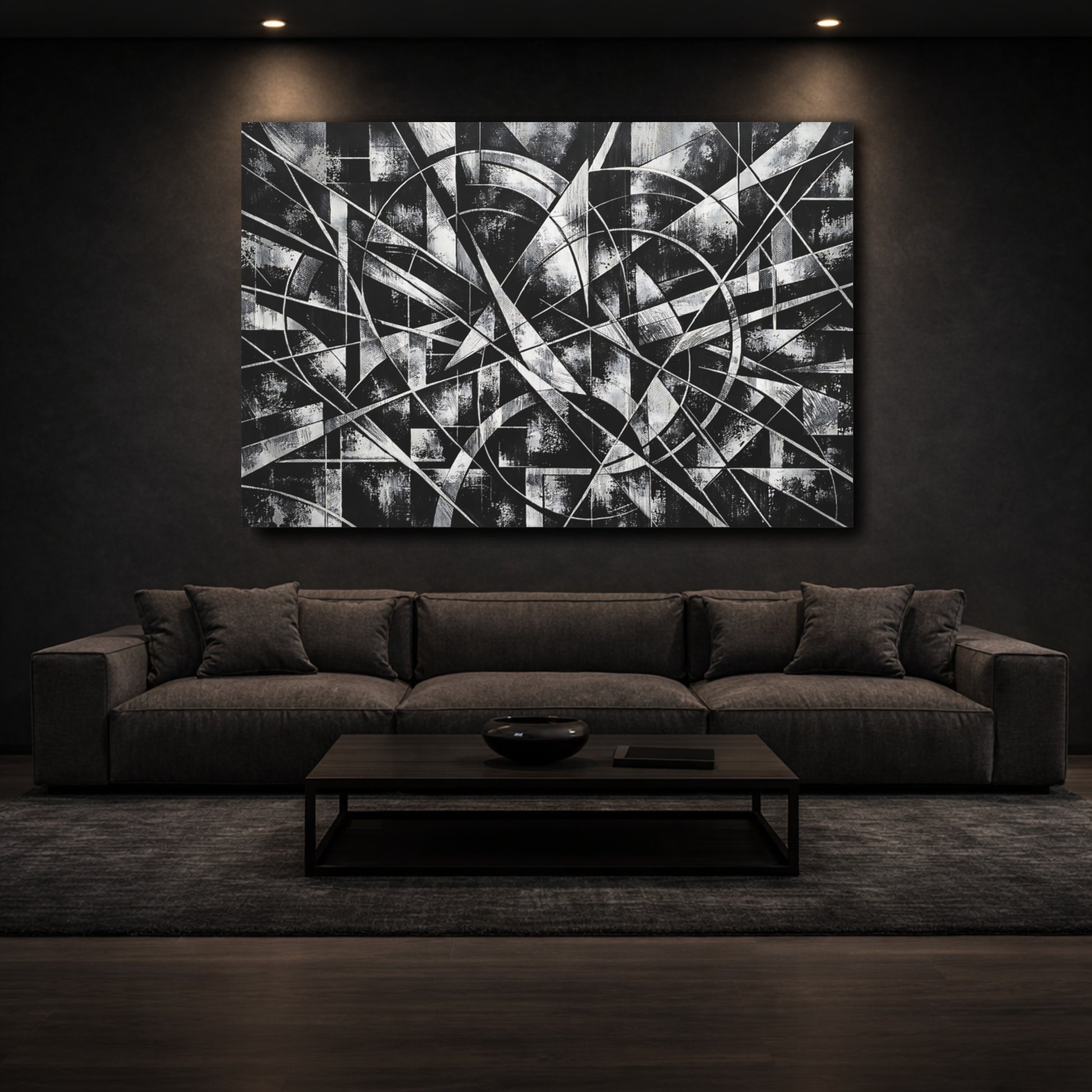 Mockup 2. Abstract Geometric Abstract Black And White shown as stretched canvas wall art