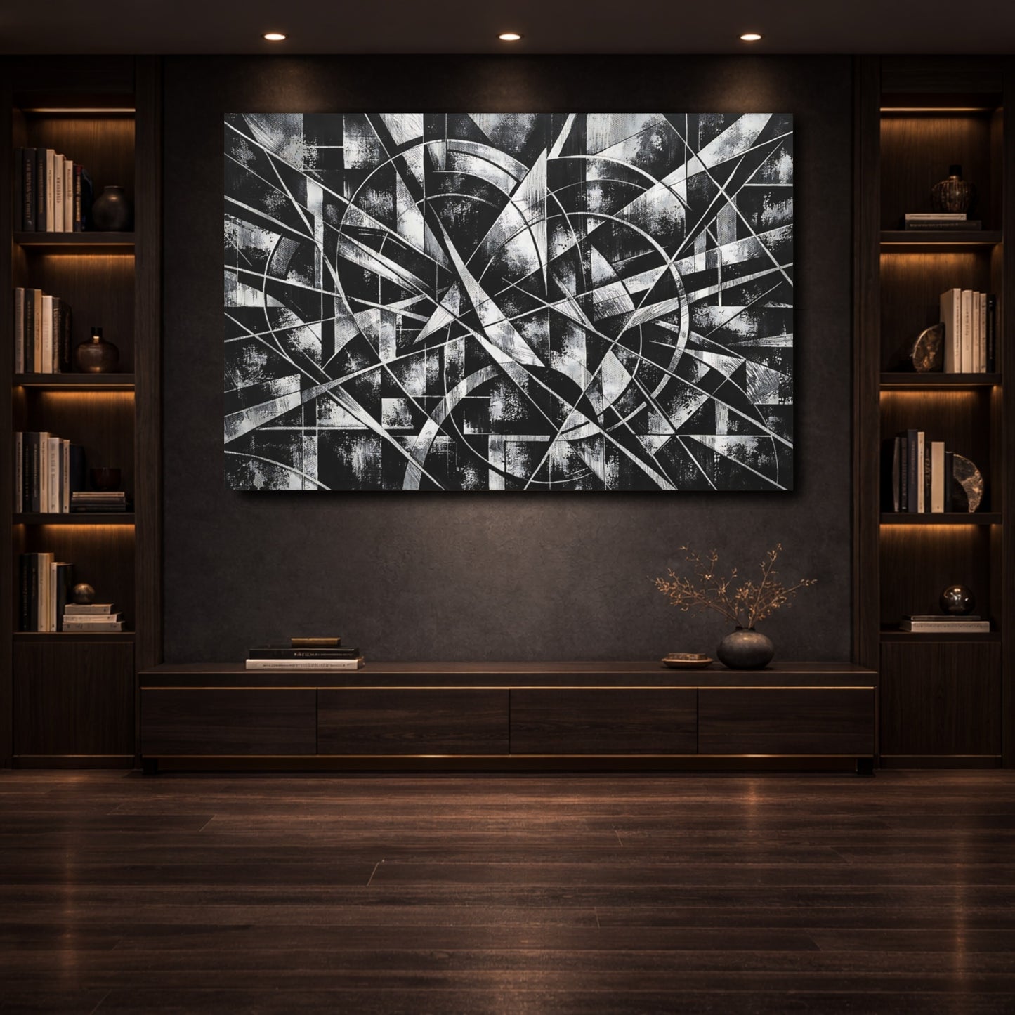 Mockup 3. Abstract Geometric Abstract Black And White shown as stretched canvas wall art