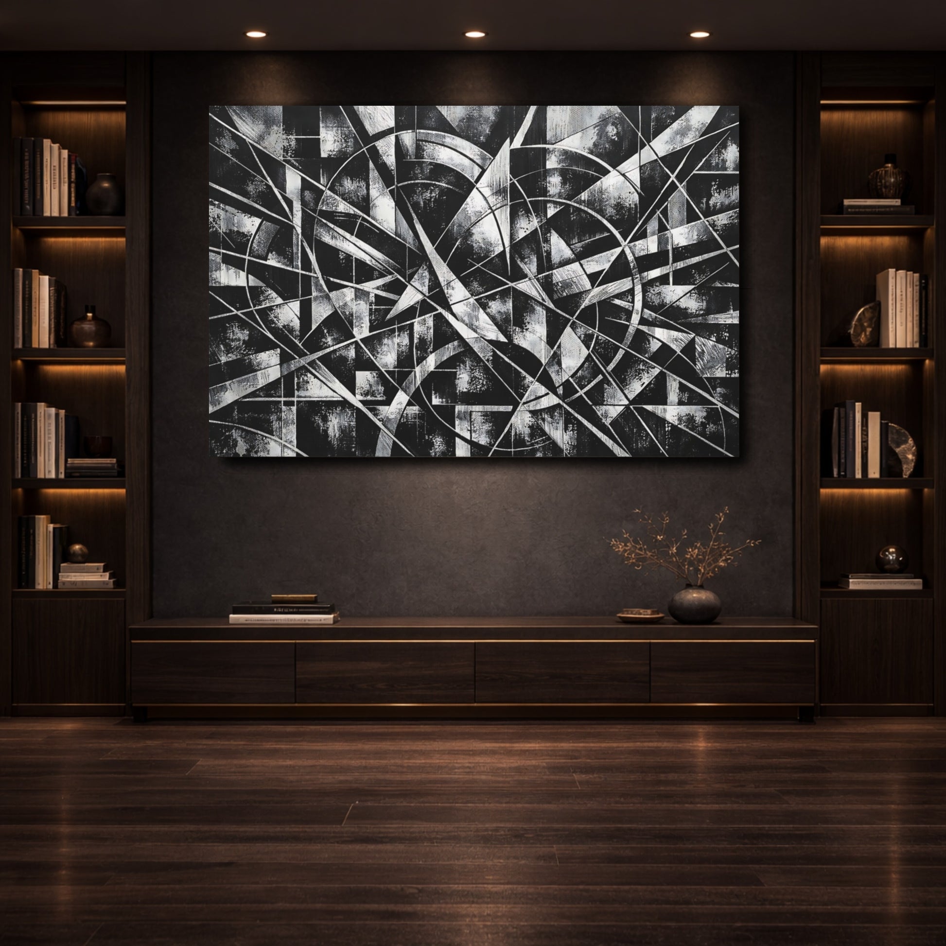 Mockup 3. Abstract Geometric Abstract Black And White shown as stretched canvas wall art