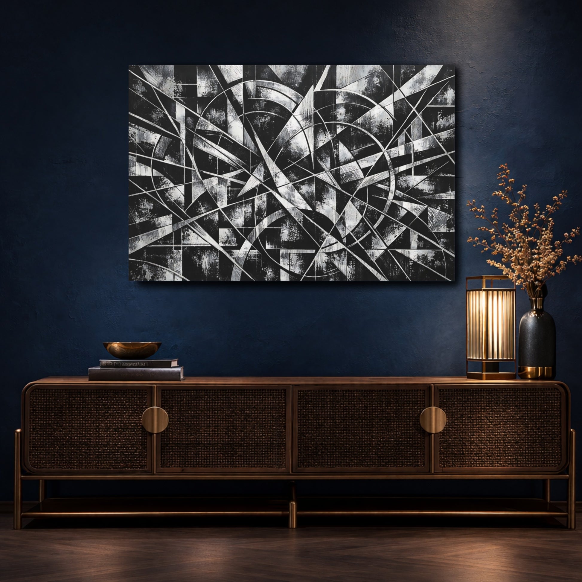 Mockup 4. Abstract Geometric Abstract Black And White shown as stretched canvas wall art