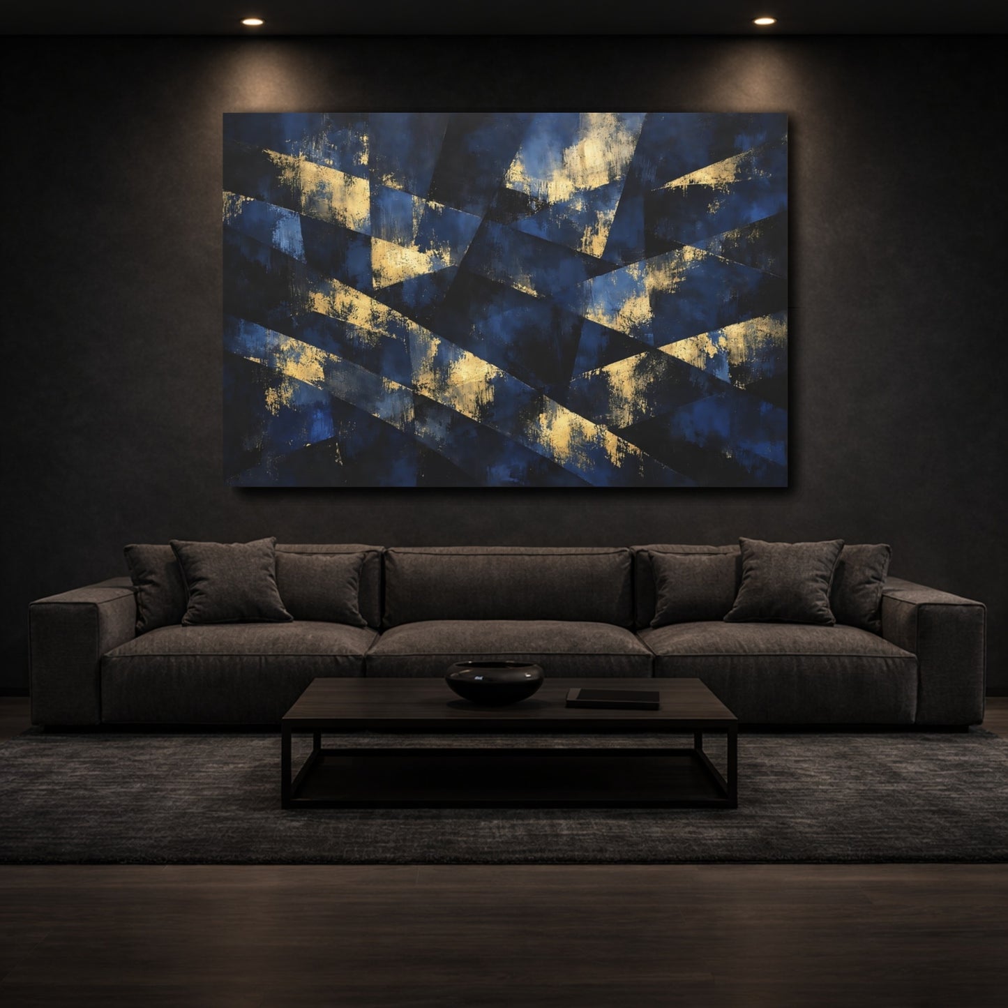 Mockup 2. Abstract Geometric Abstract Blue And Gold shown as stretched canvas wall art
