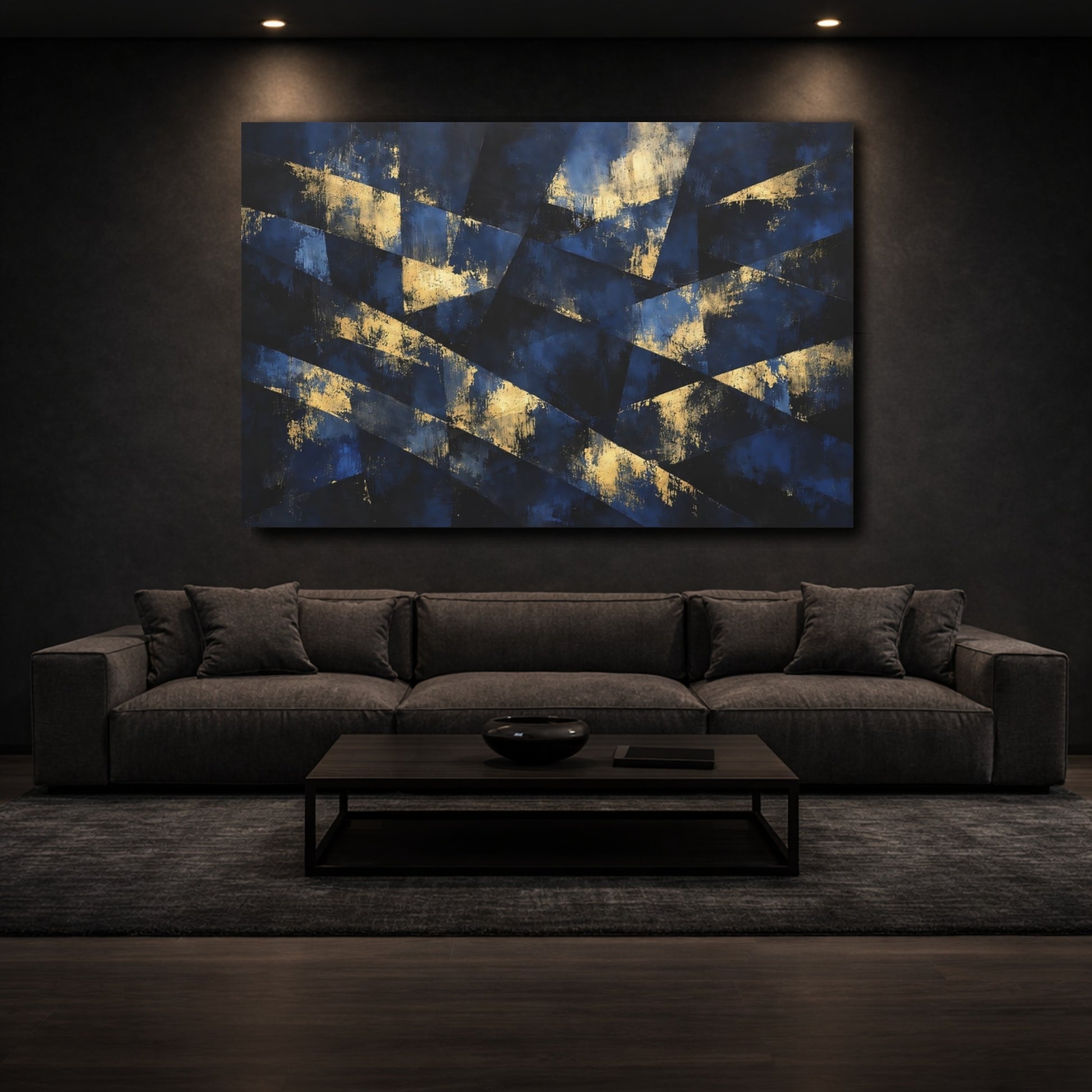 Mockup 2. Abstract Geometric Abstract Blue And Gold shown as stretched canvas wall art