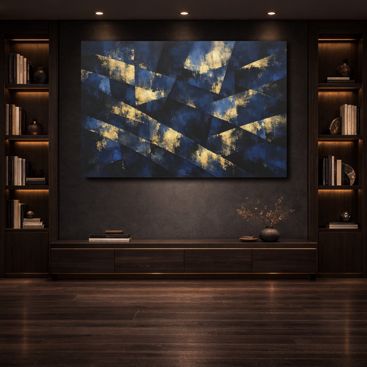 Mockup 3. Abstract Geometric Abstract Blue And Gold shown as stretched canvas wall art