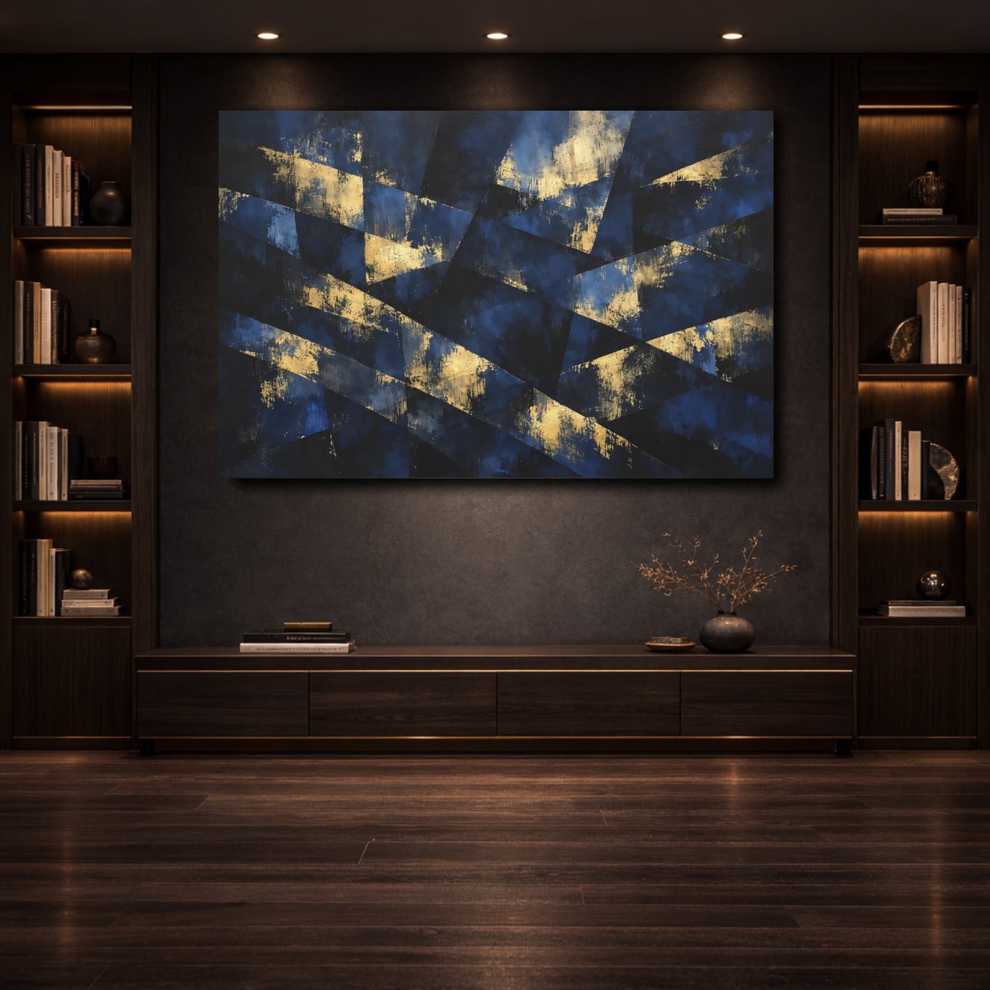 Mockup 3. Abstract Geometric Abstract Blue And Gold shown as stretched canvas wall art