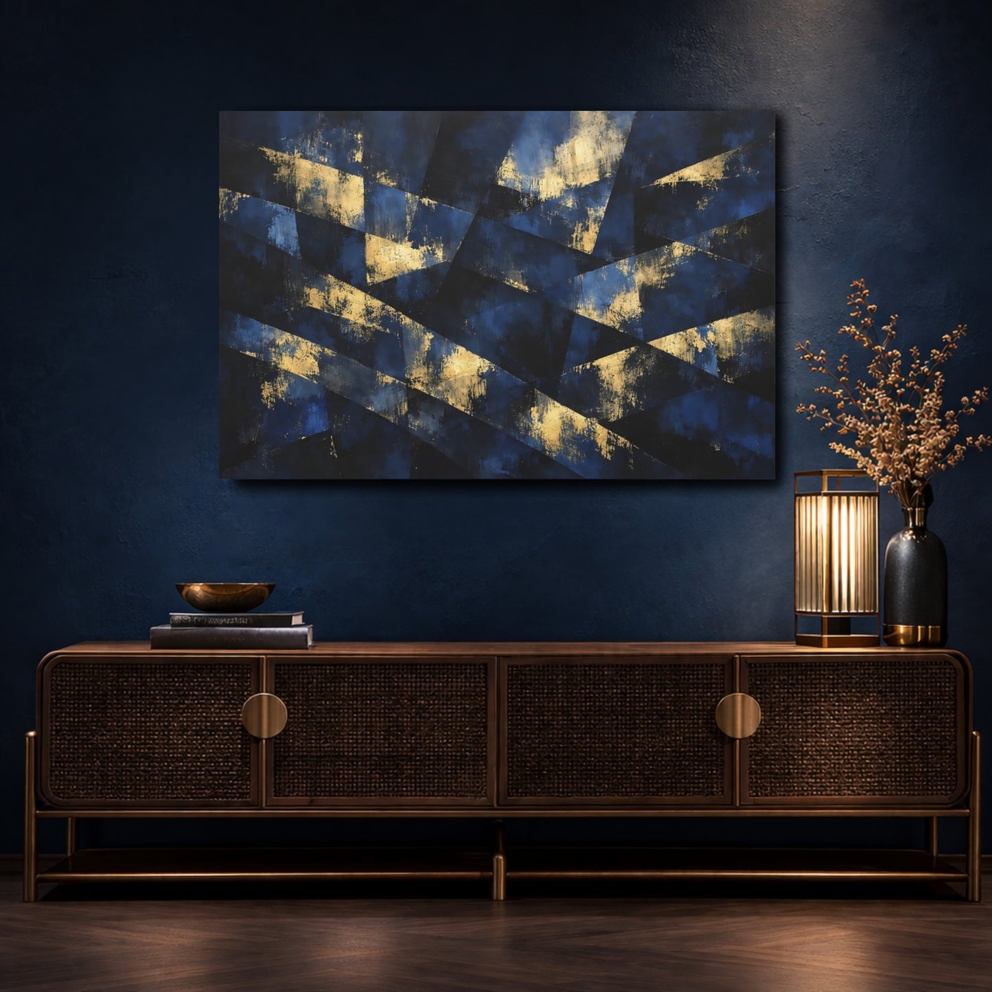 Mockup 4. Abstract Geometric Abstract Blue And Gold shown as stretched canvas wall art