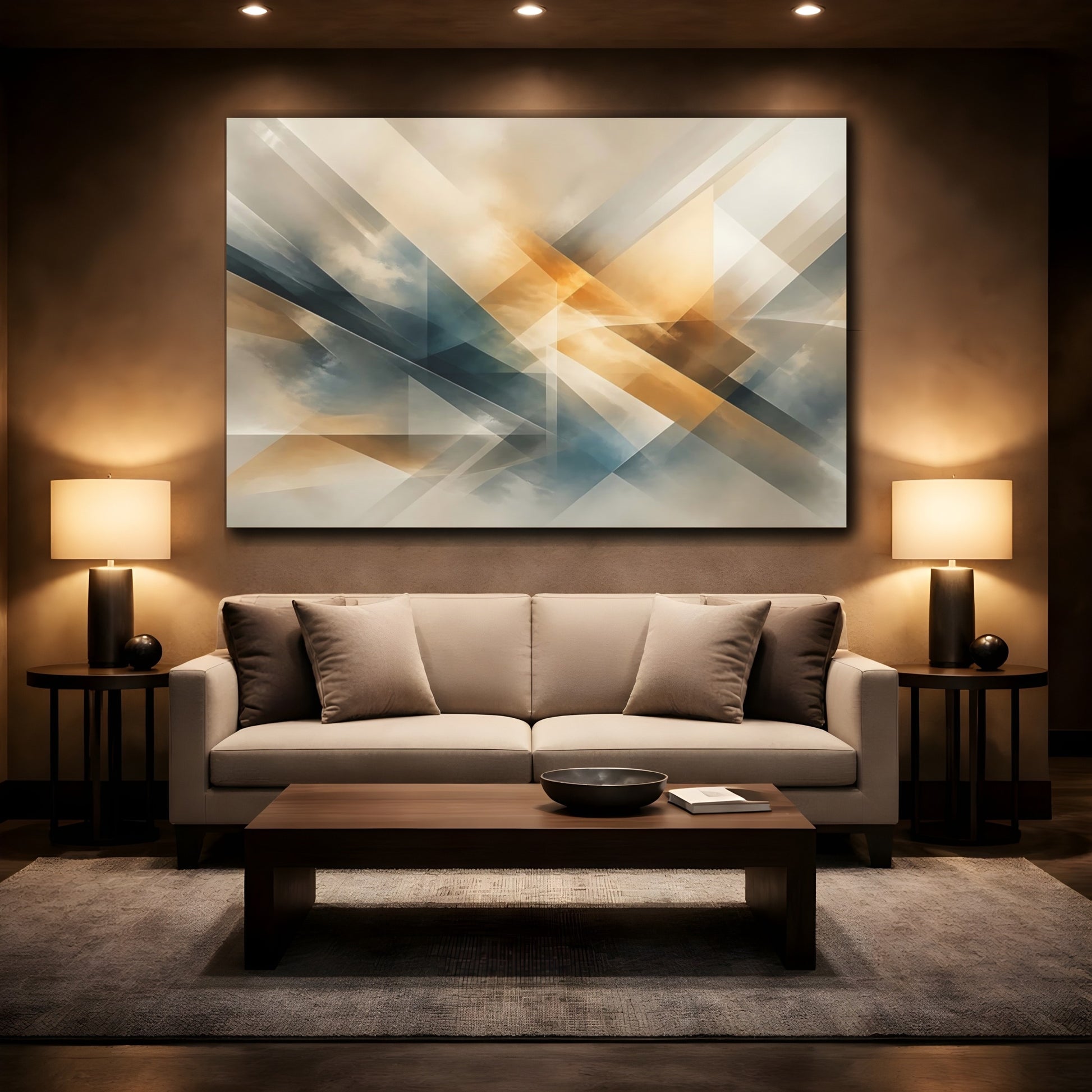 Mockup 2. Abstract Geometric Abstract Brown And Blue shown as stretched canvas wall art