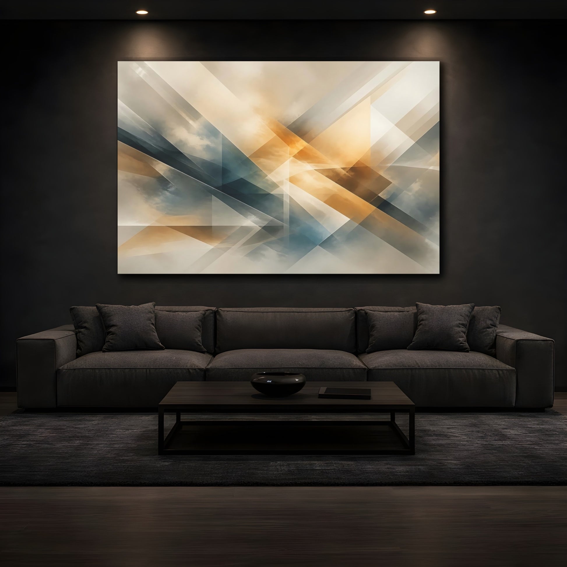 Mockup 3. Abstract Geometric Abstract Brown And Blue shown as stretched canvas wall art