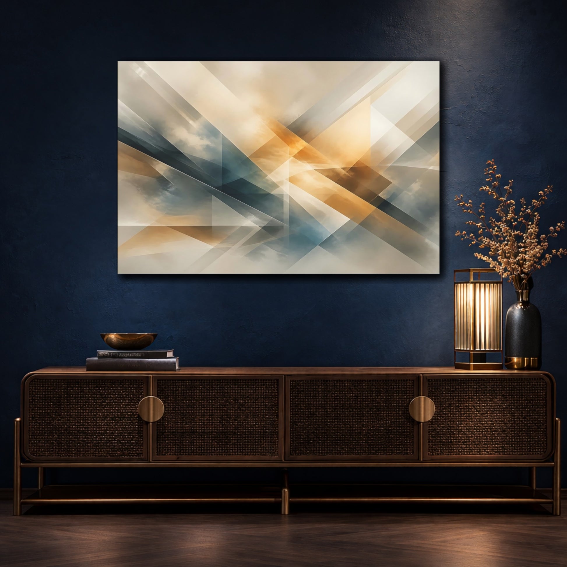 Mockup 4. Abstract Geometric Abstract Brown And Blue shown as stretched canvas wall art