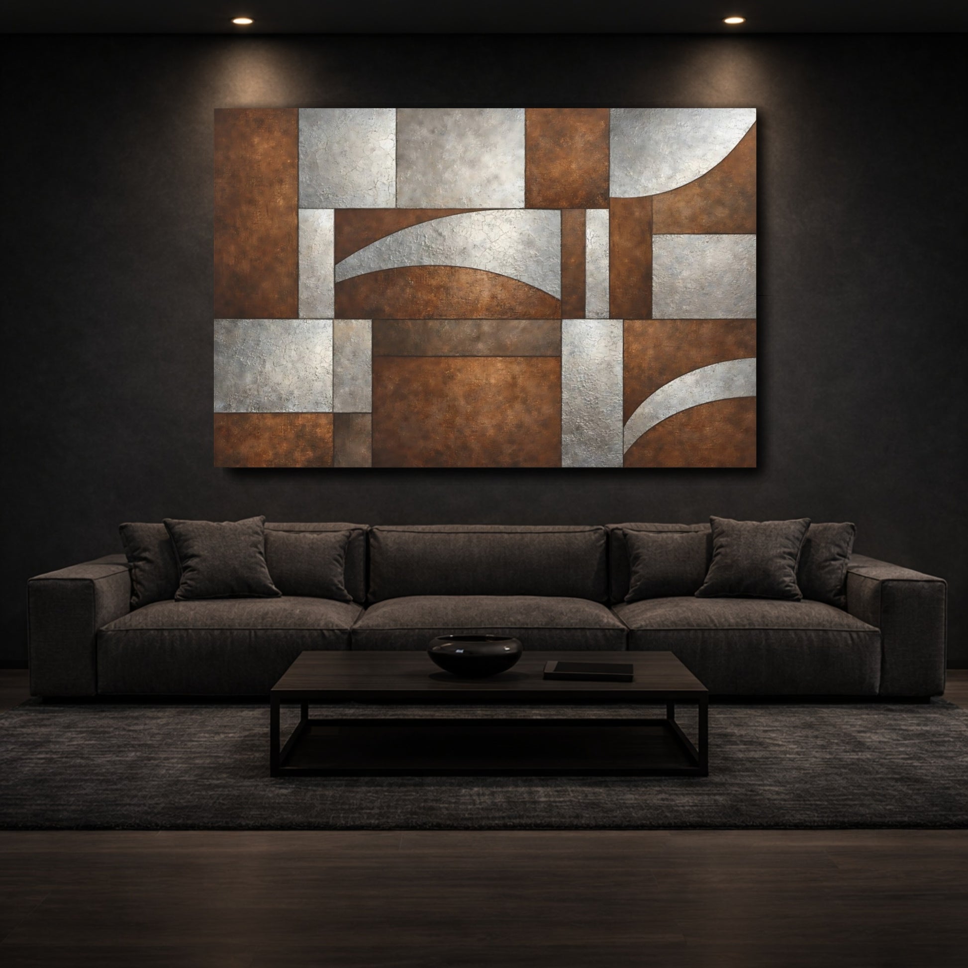 Mockup 2. Abstract Geometric Abstract Brown Silver Abstract shown as stretched canvas wall art