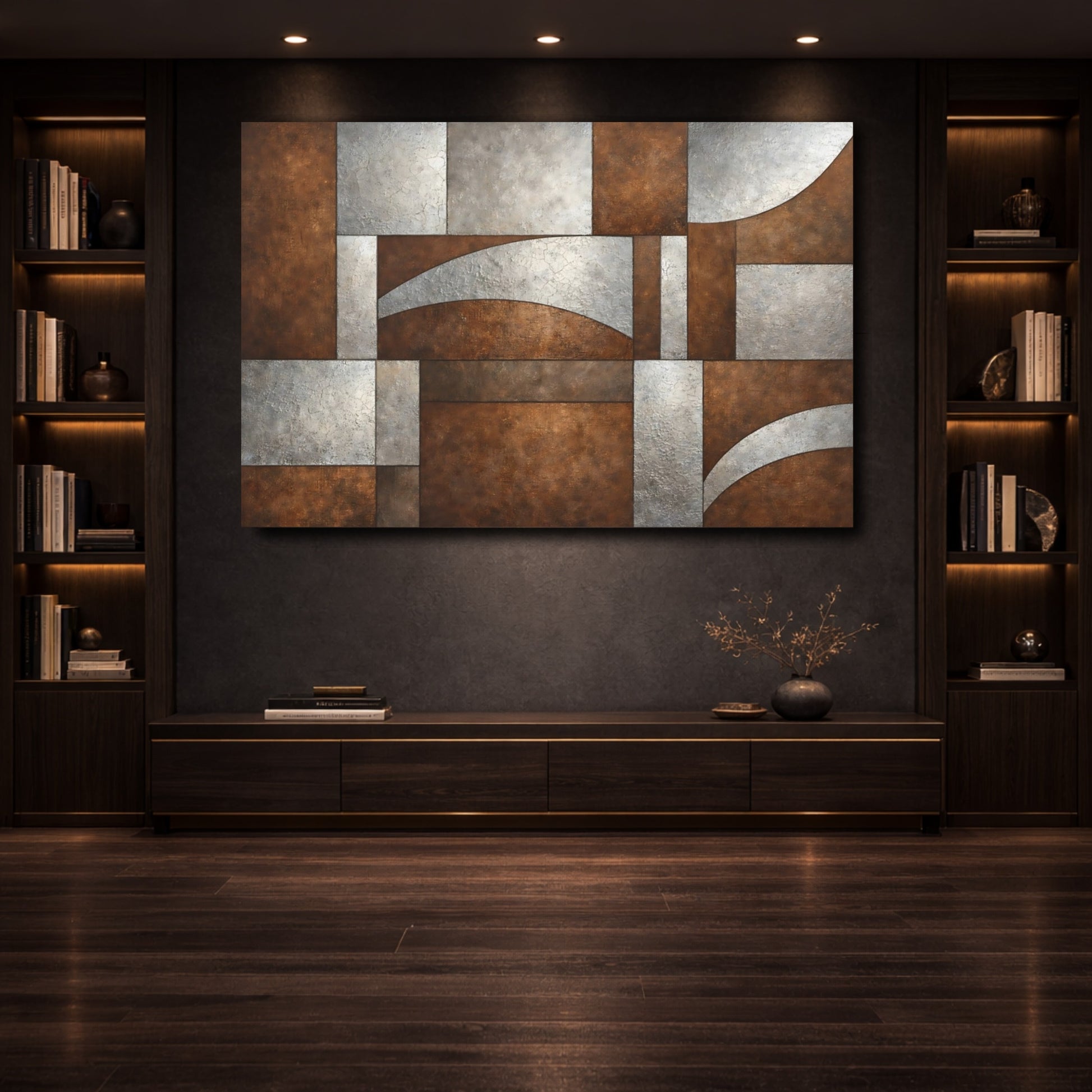 Mockup 3. Abstract Geometric Abstract Brown Silver Abstract shown as stretched canvas wall art