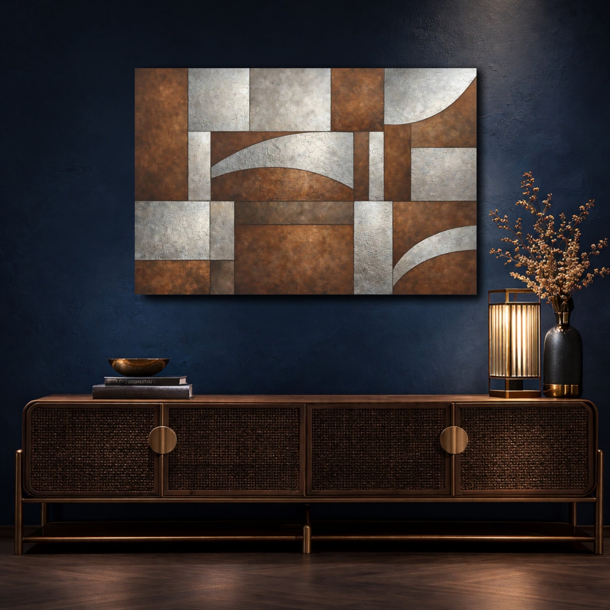 Mockup 4. Abstract Geometric Abstract Brown Silver Abstract shown as stretched canvas wall art