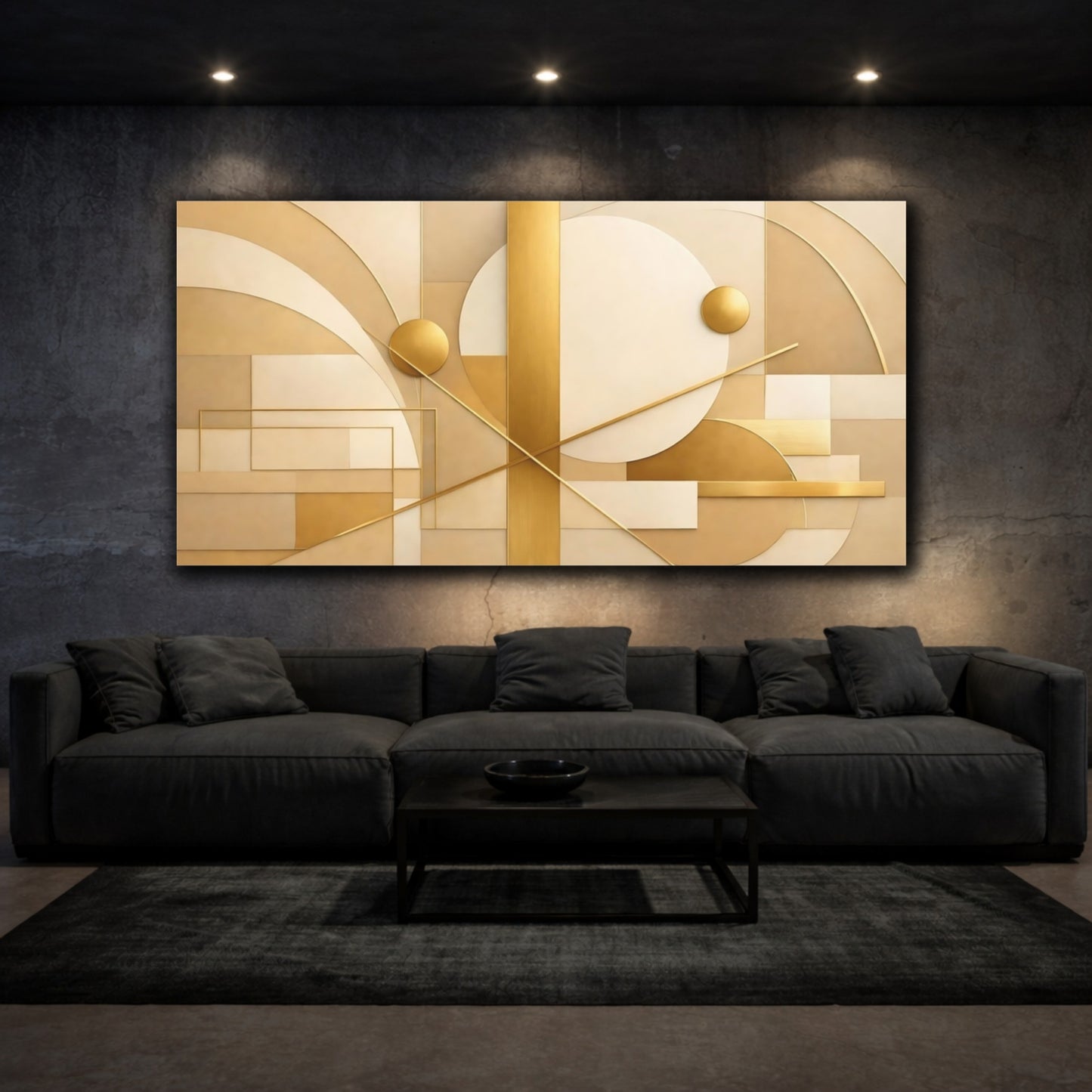 Mockup 2. Abstract Geometric Abstract Gold Beige Abstract shown as stretched canvas wall art