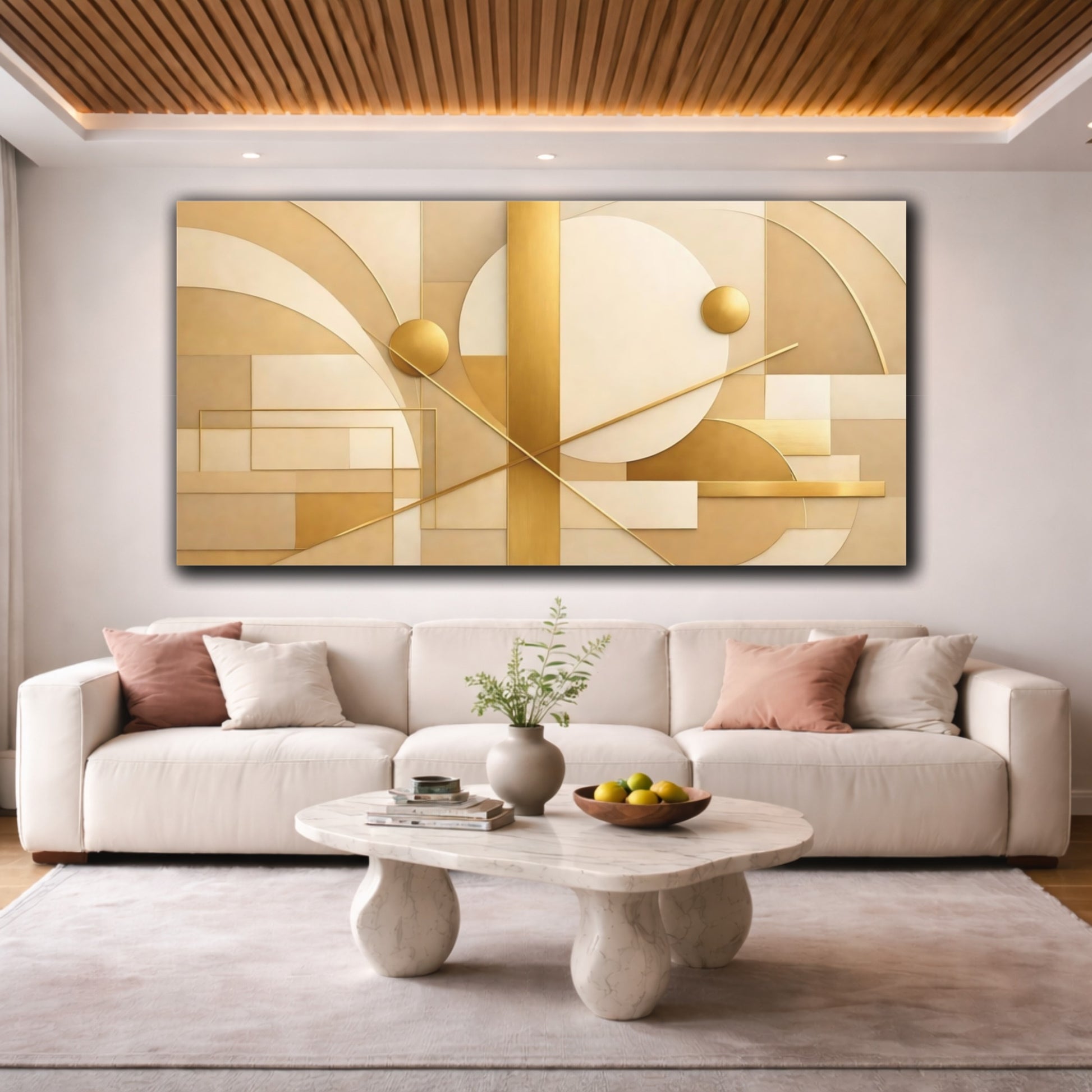 Mockup 3. Abstract Geometric Abstract Gold Beige Abstract shown as stretched canvas wall art