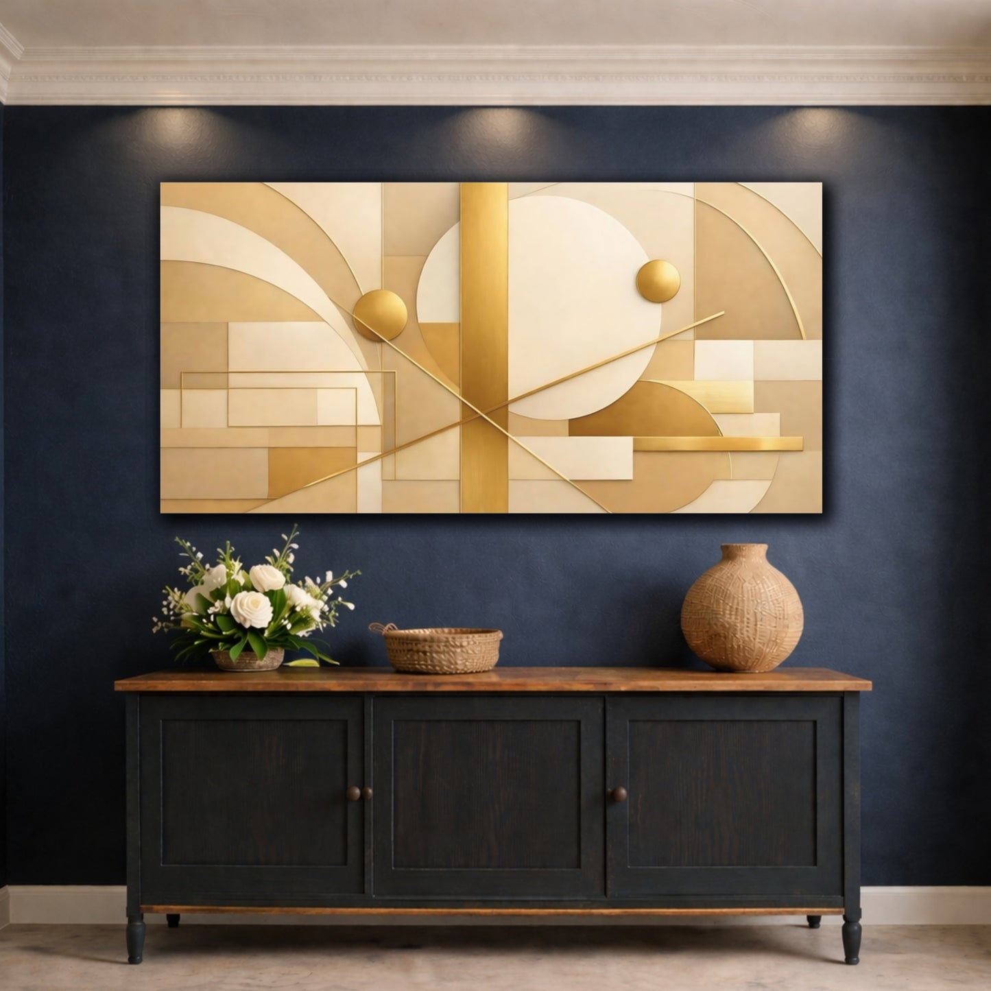 Mockup 4. Abstract Geometric Abstract Gold Beige Abstract shown as stretched canvas wall art