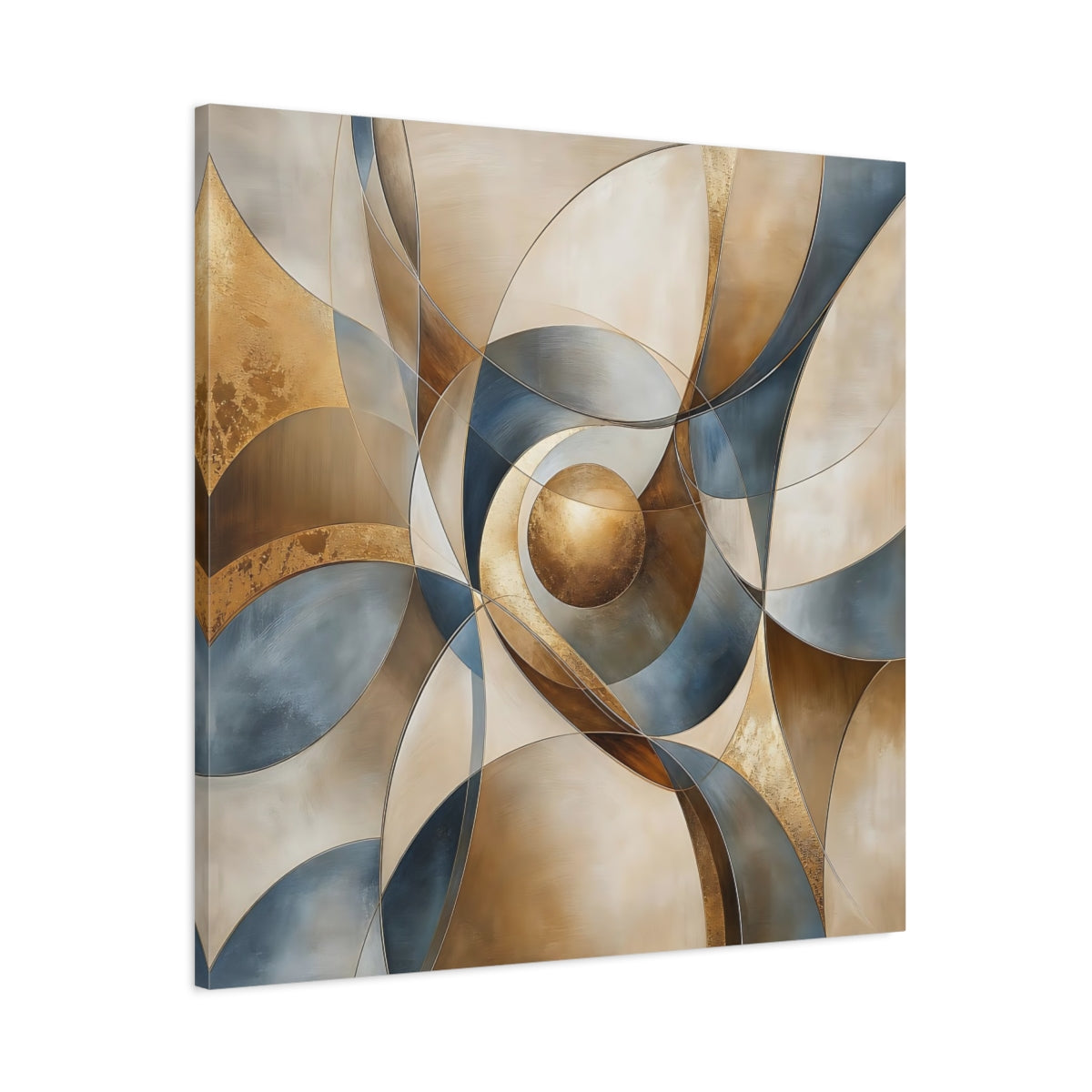 Main Mockup. Abstract Geometric Abstract Gold Blue Beige shown as stretched canvas wall art