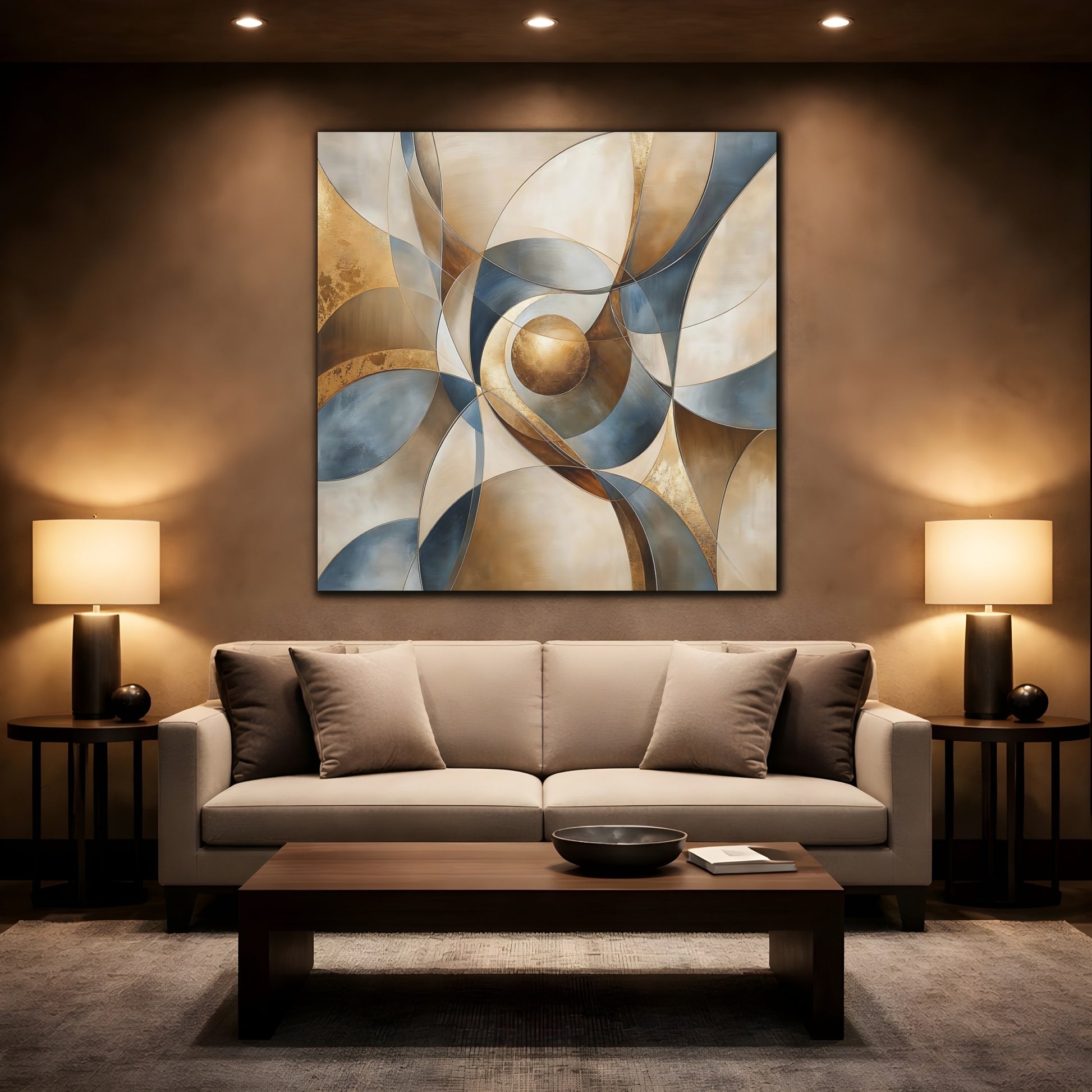 Mockup 2. Abstract Geometric Abstract Gold Blue Beige shown as stretched canvas wall art