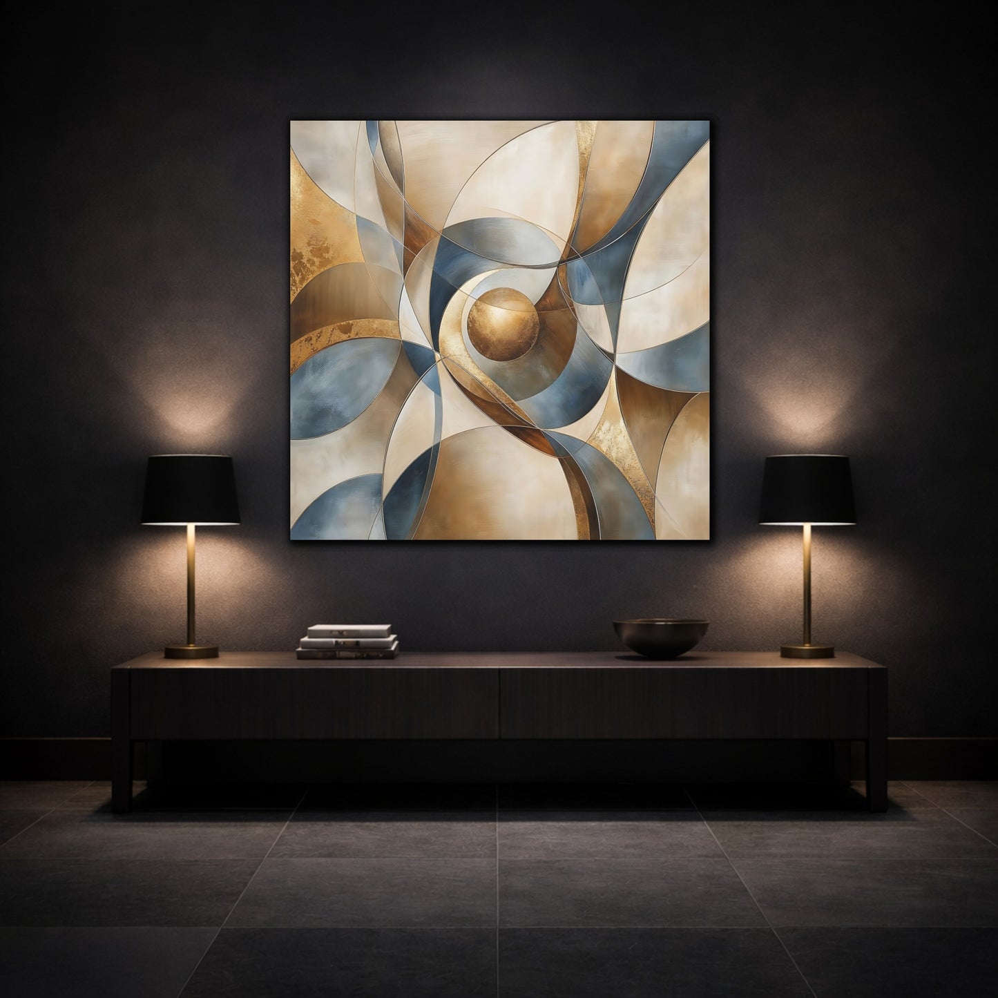 Mockup 3. Abstract Geometric Abstract Gold Blue Beige shown as stretched canvas wall art