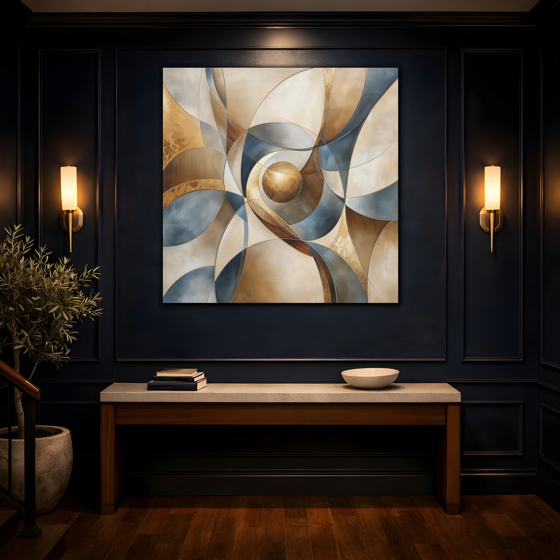 Mockup 4. Abstract Geometric Abstract Gold Blue Beige shown as stretched canvas wall art
