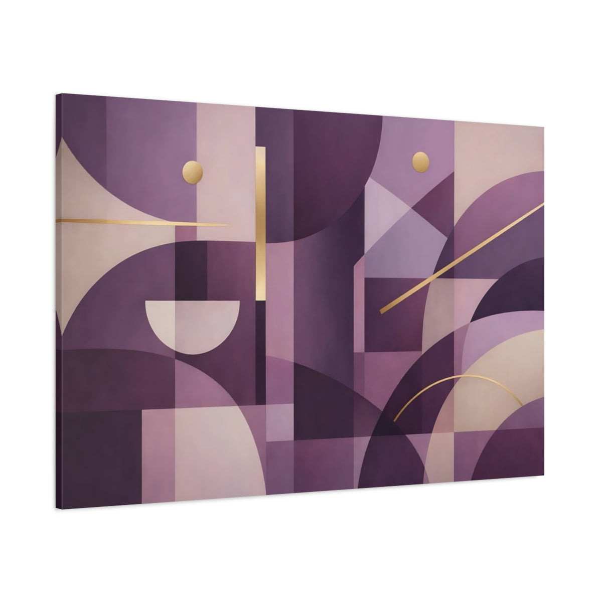 Main Mockup. Abstract Geometric Abstract Purple And Gold shown as stretched canvas wall art