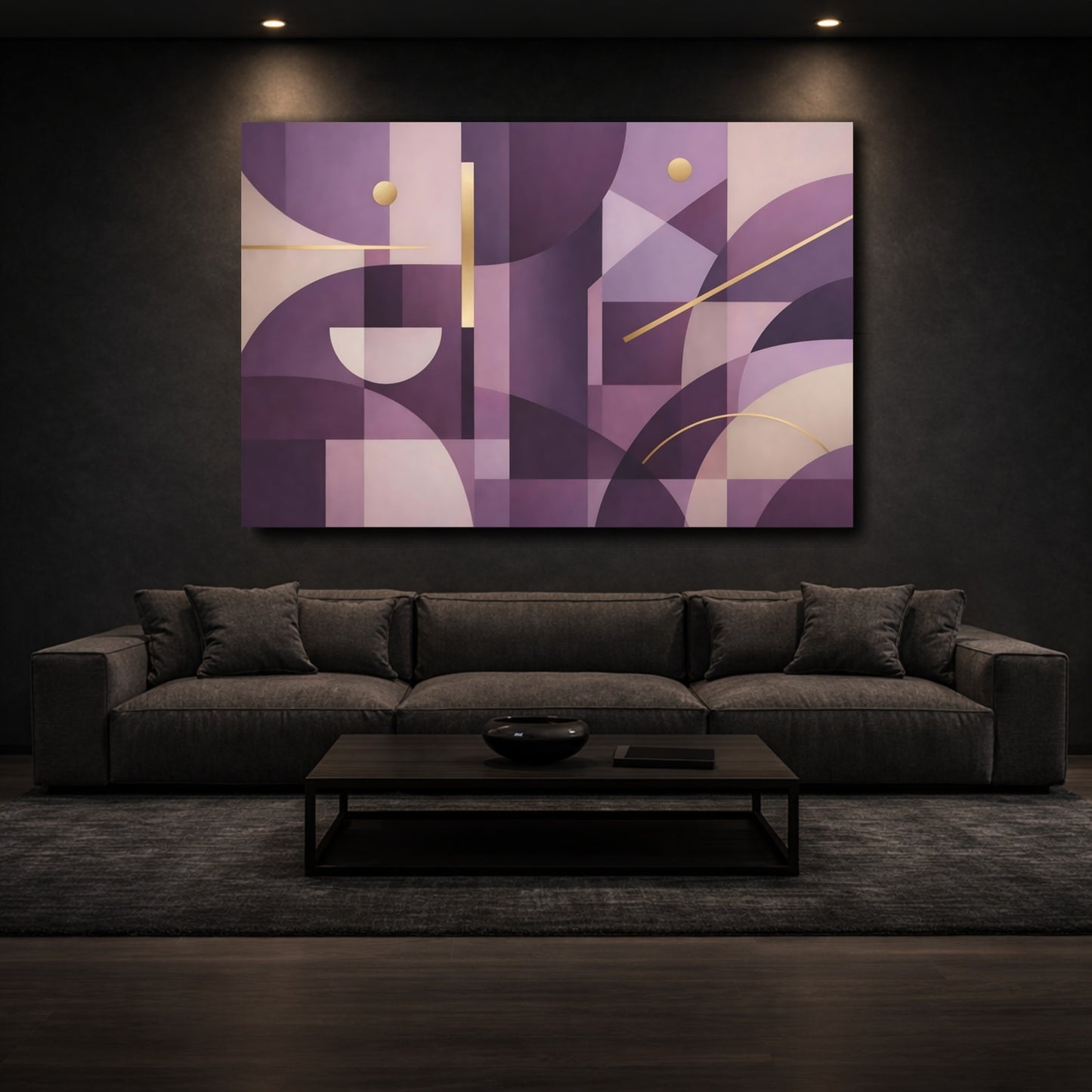 Mockup 2. Abstract Geometric Abstract Purple And Gold shown as stretched canvas wall art