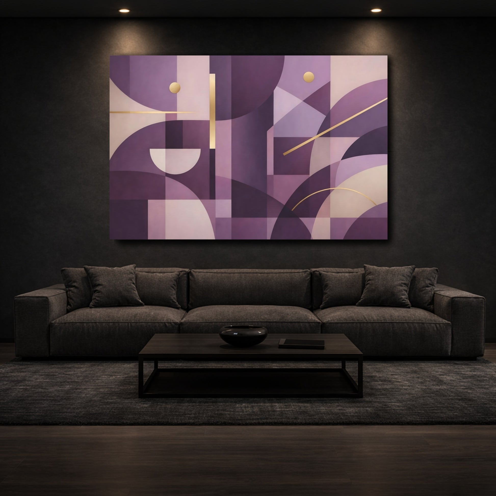 Mockup 2. Abstract Geometric Abstract Purple And Gold shown as stretched canvas wall art