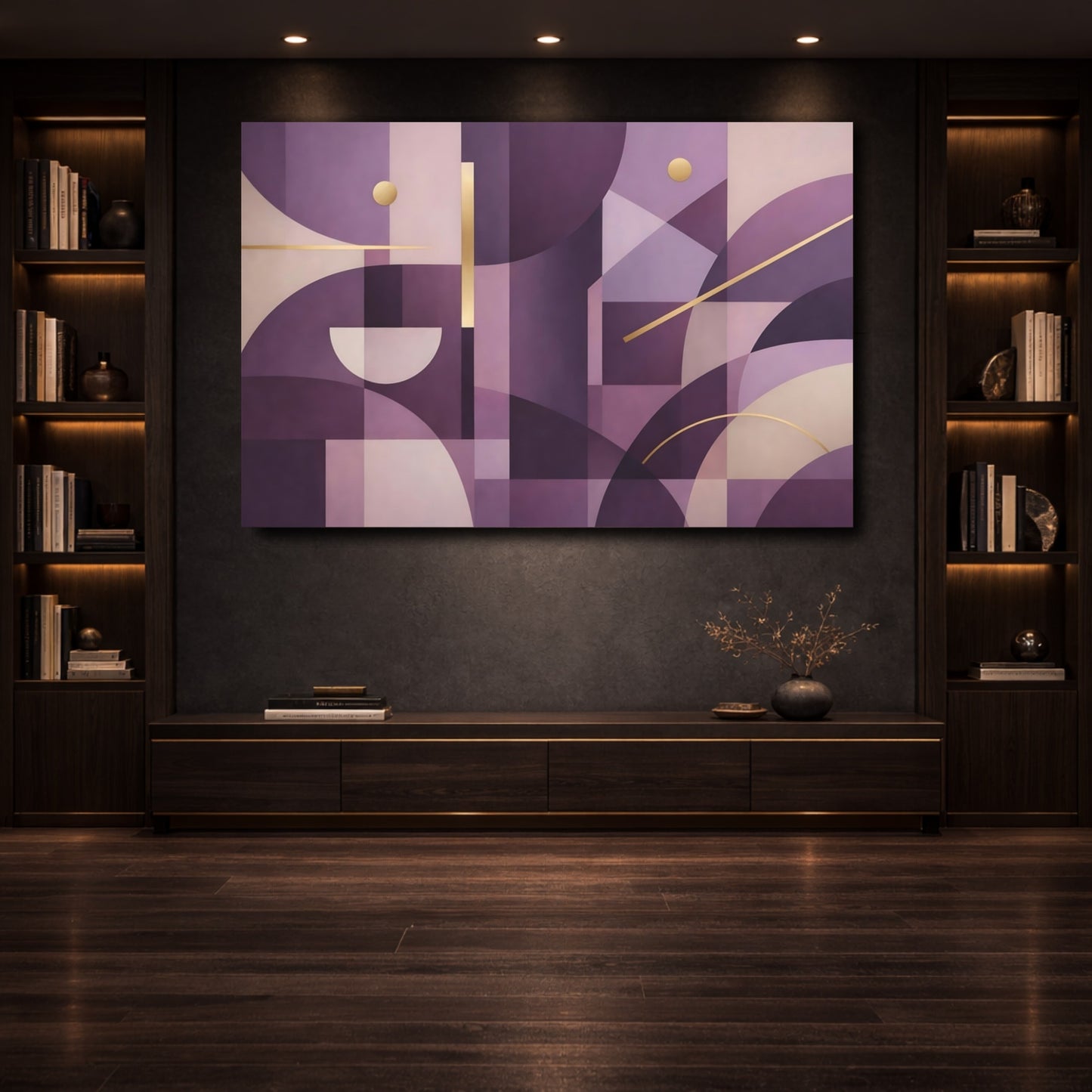 Mockup 3. Abstract Geometric Abstract Purple And Gold shown as stretched canvas wall art