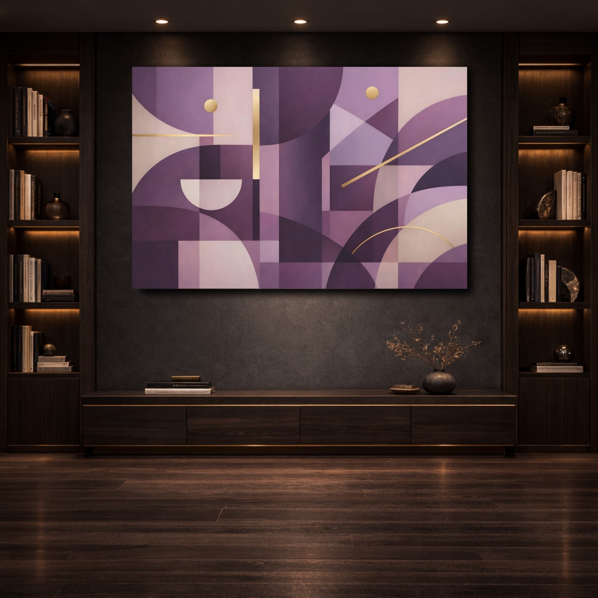 Mockup 3. Abstract Geometric Abstract Purple And Gold shown as stretched canvas wall art