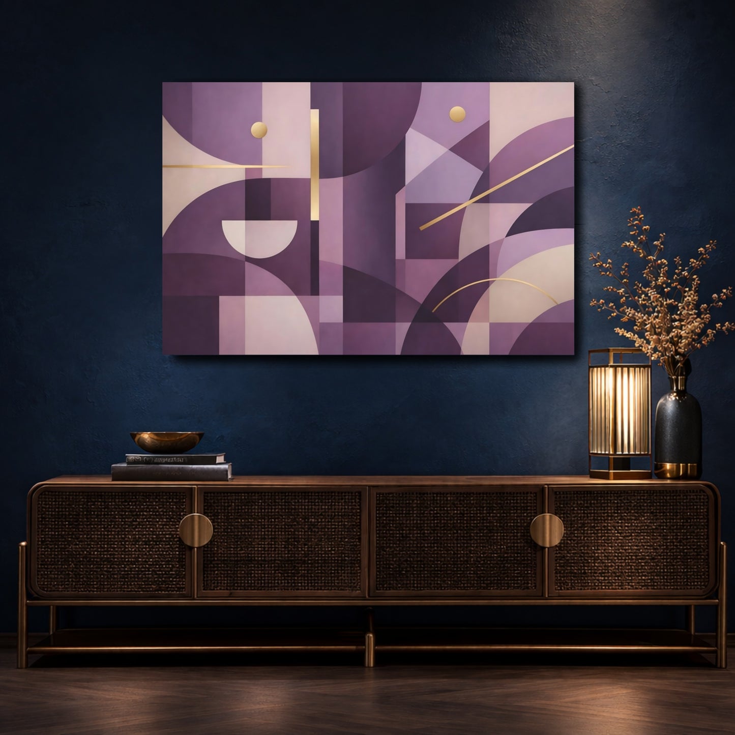 Mockup 4. Abstract Geometric Abstract Purple And Gold shown as stretched canvas wall art