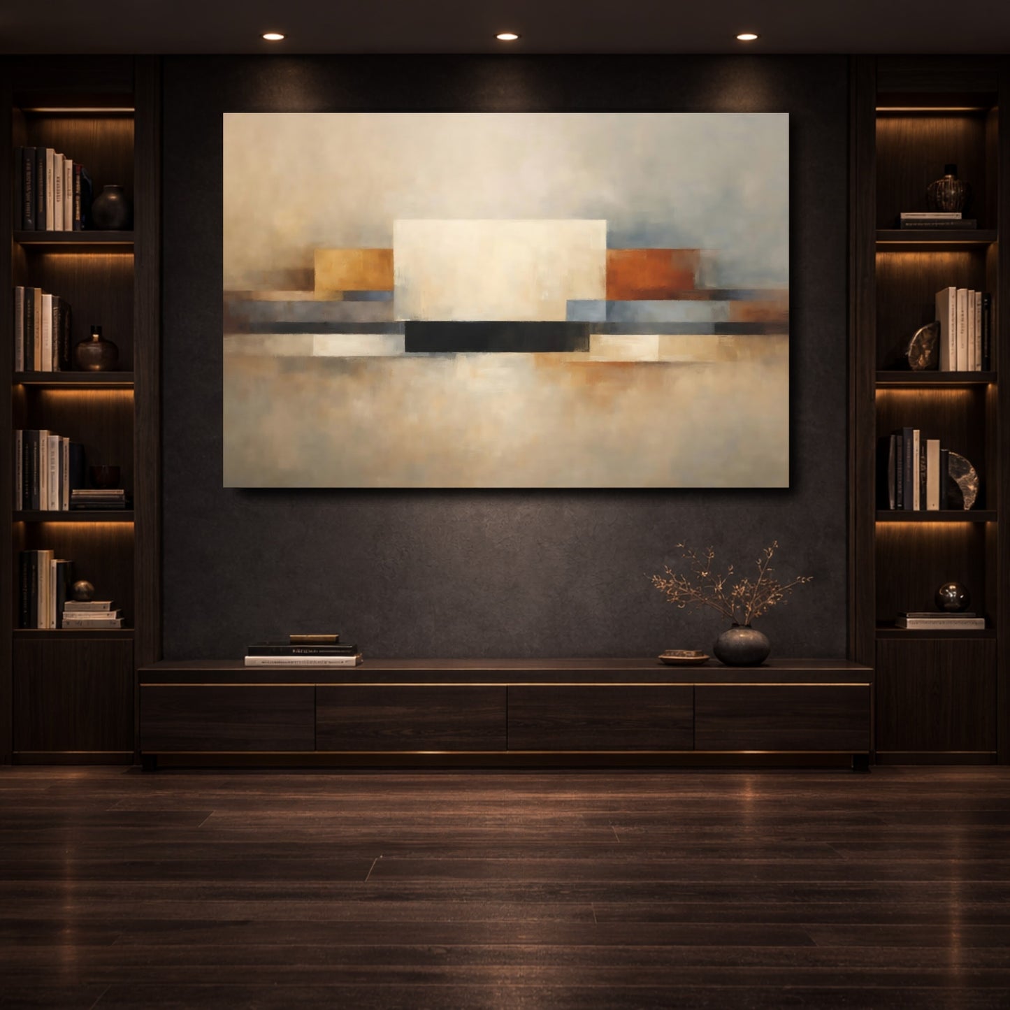 Mockup 3. Abstract Geometric Abstraction Abstract Geometric Neutral shown as stretched canvas wall art